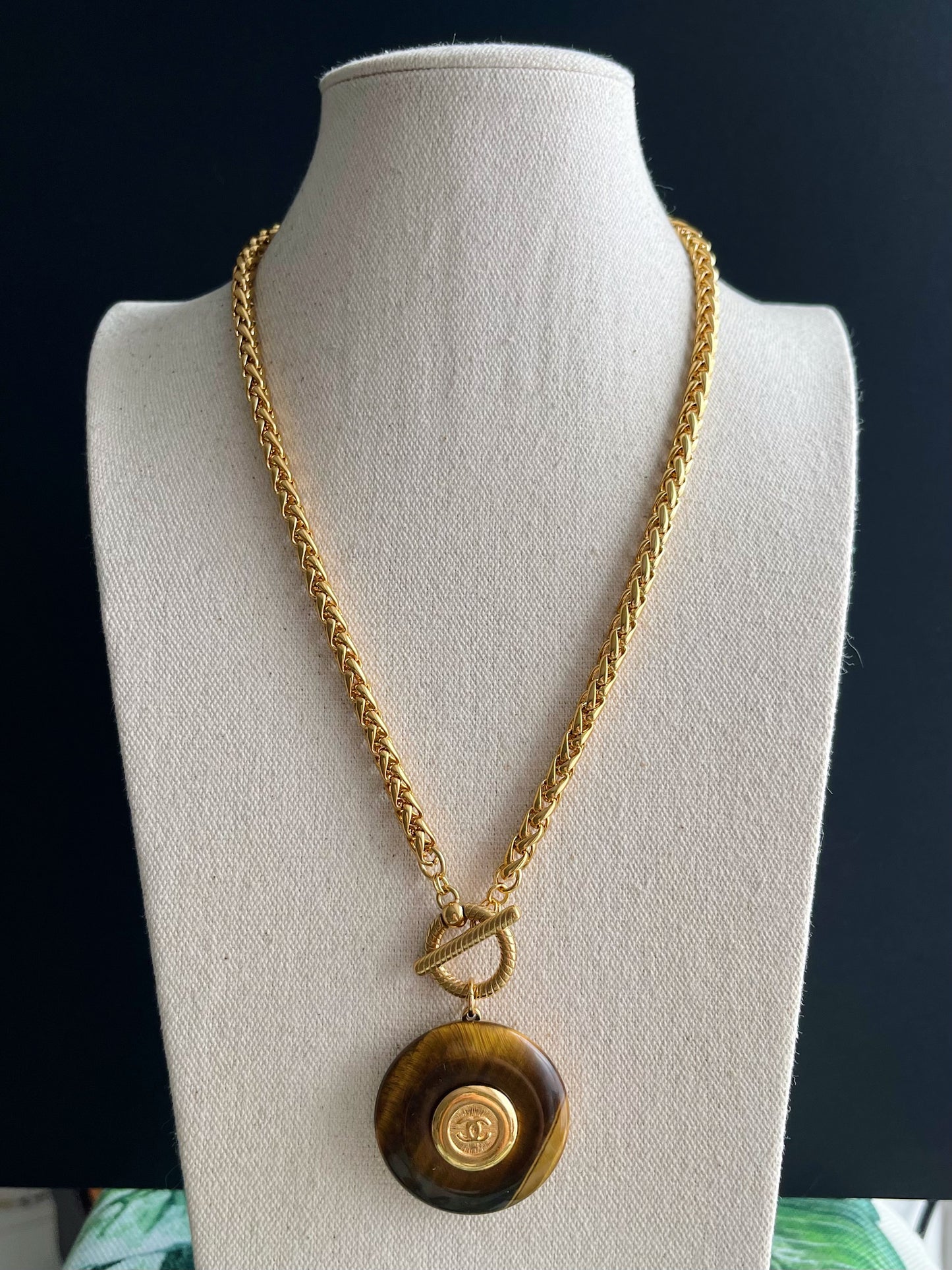 Vintage reworked button and tiger eye stone necklace