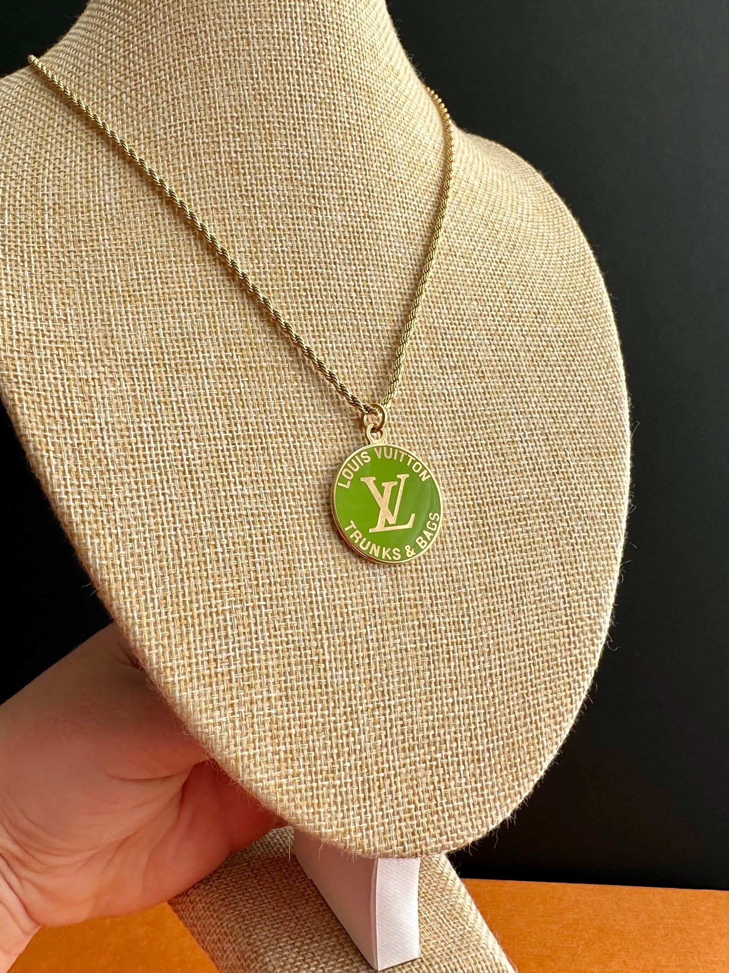 💚 Bright green Louis Vuitton TRUNK Authentic gold reworked Louis Vuitton Necklace - VERY rare!