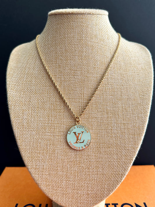 Pale teal Louis Vuitton TRUNK Authentic gold reworked Louis Vuitton Necklace - VERY rare!