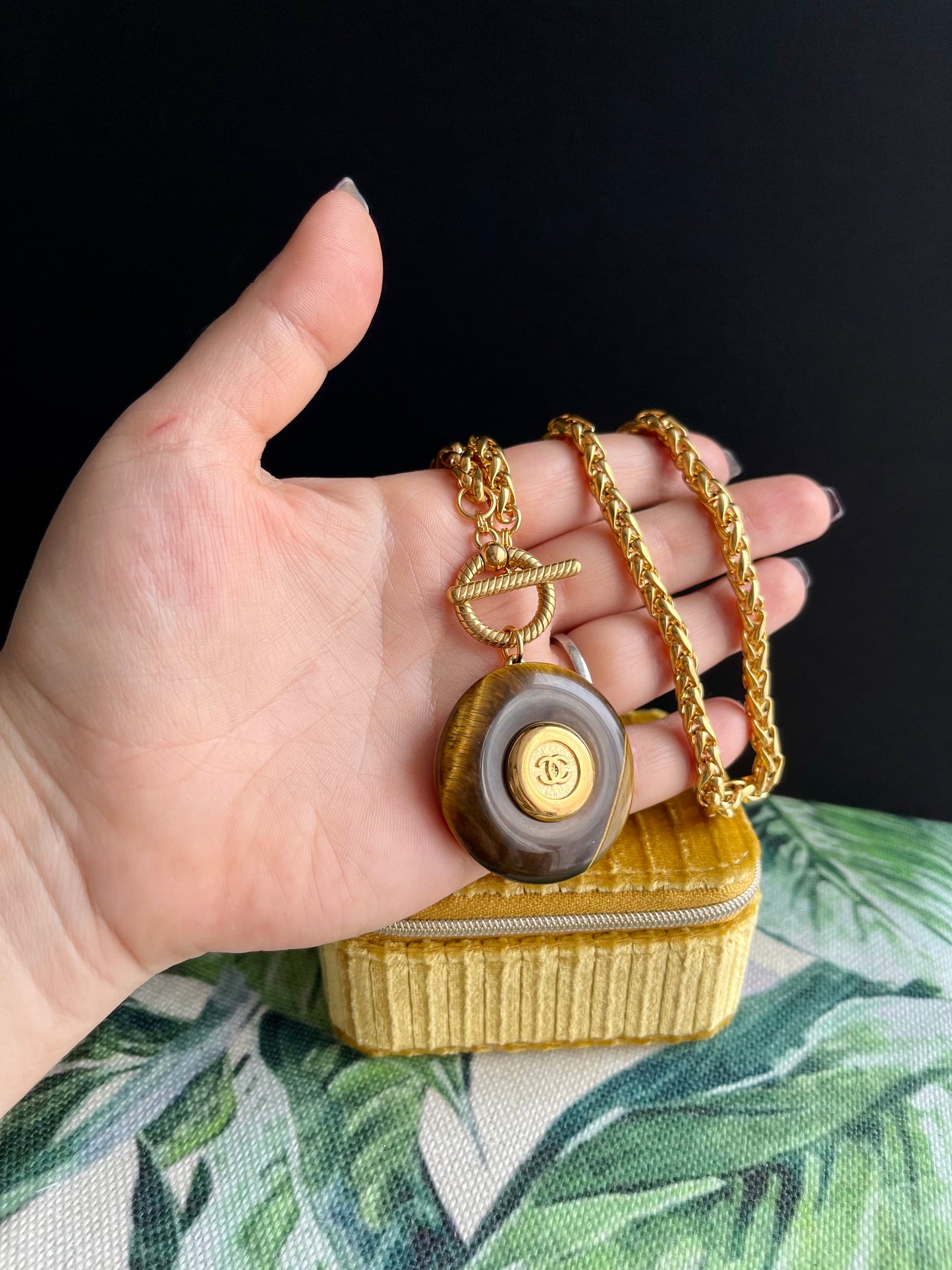 Vintage reworked button and tiger eye stone necklace