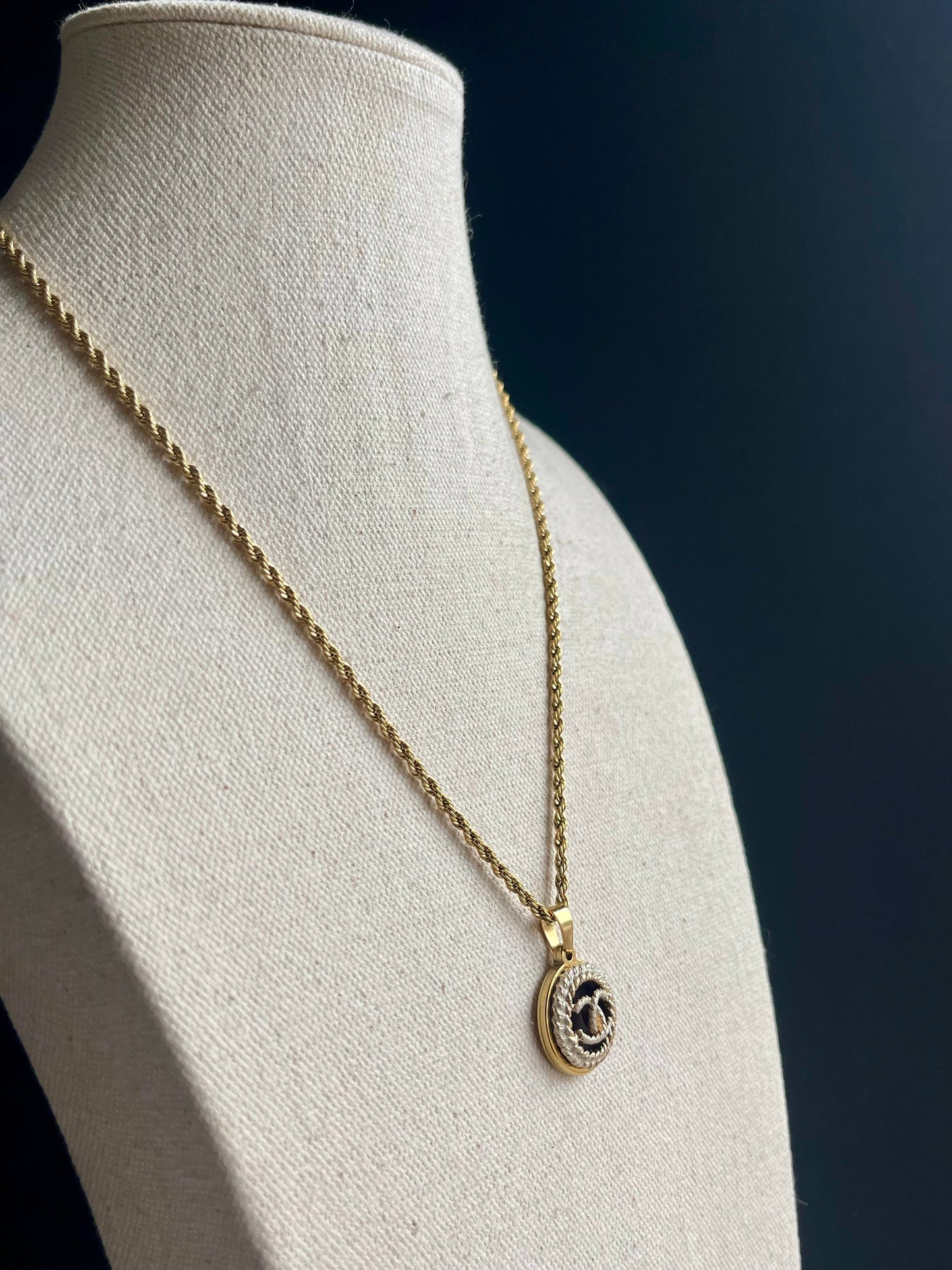 Medium Reworked Authentic gold and white enamel button necklace