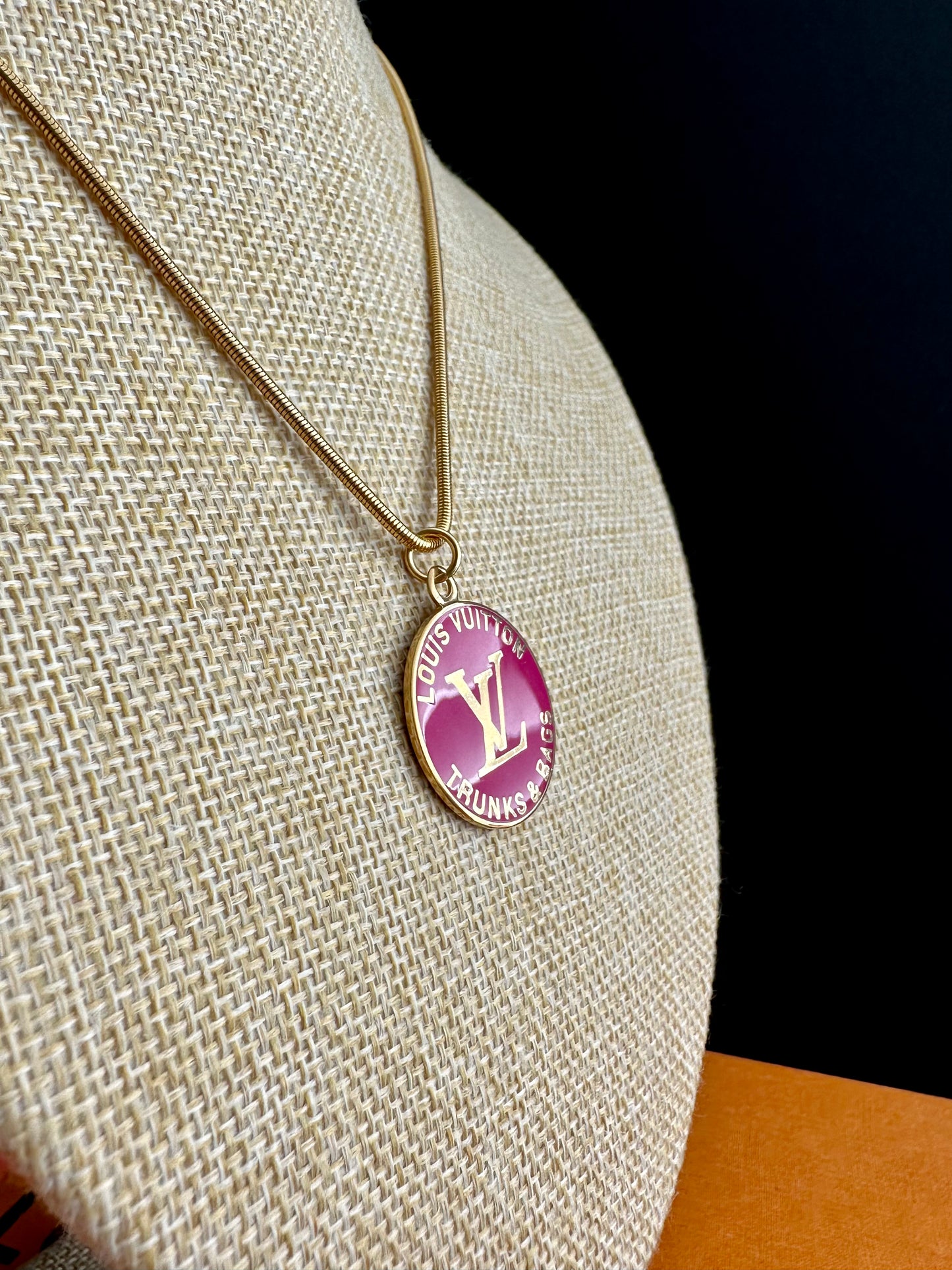 Bright Pink Louis Vuitton TRUNK Authentic gold reworked Louis Vuitton Necklace - VERY rare!