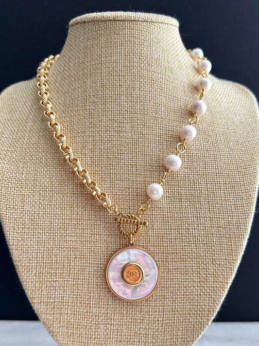 SUPER RARE Large MOTHER OF PEARL and Vintage Authentic reworked Gold button Necklace