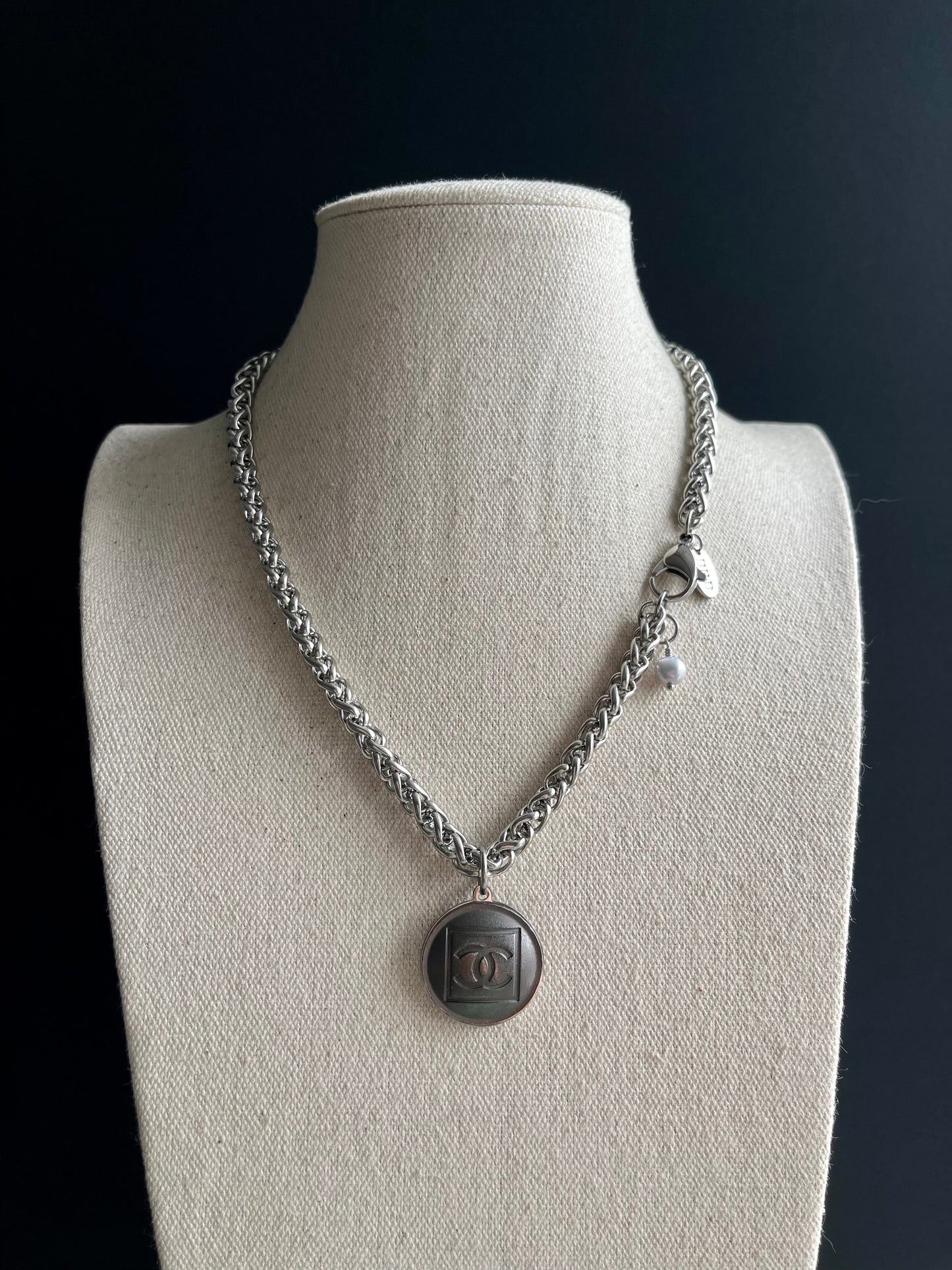 Edgy Gunmetal Vintage Reworked Authentic silver button necklace