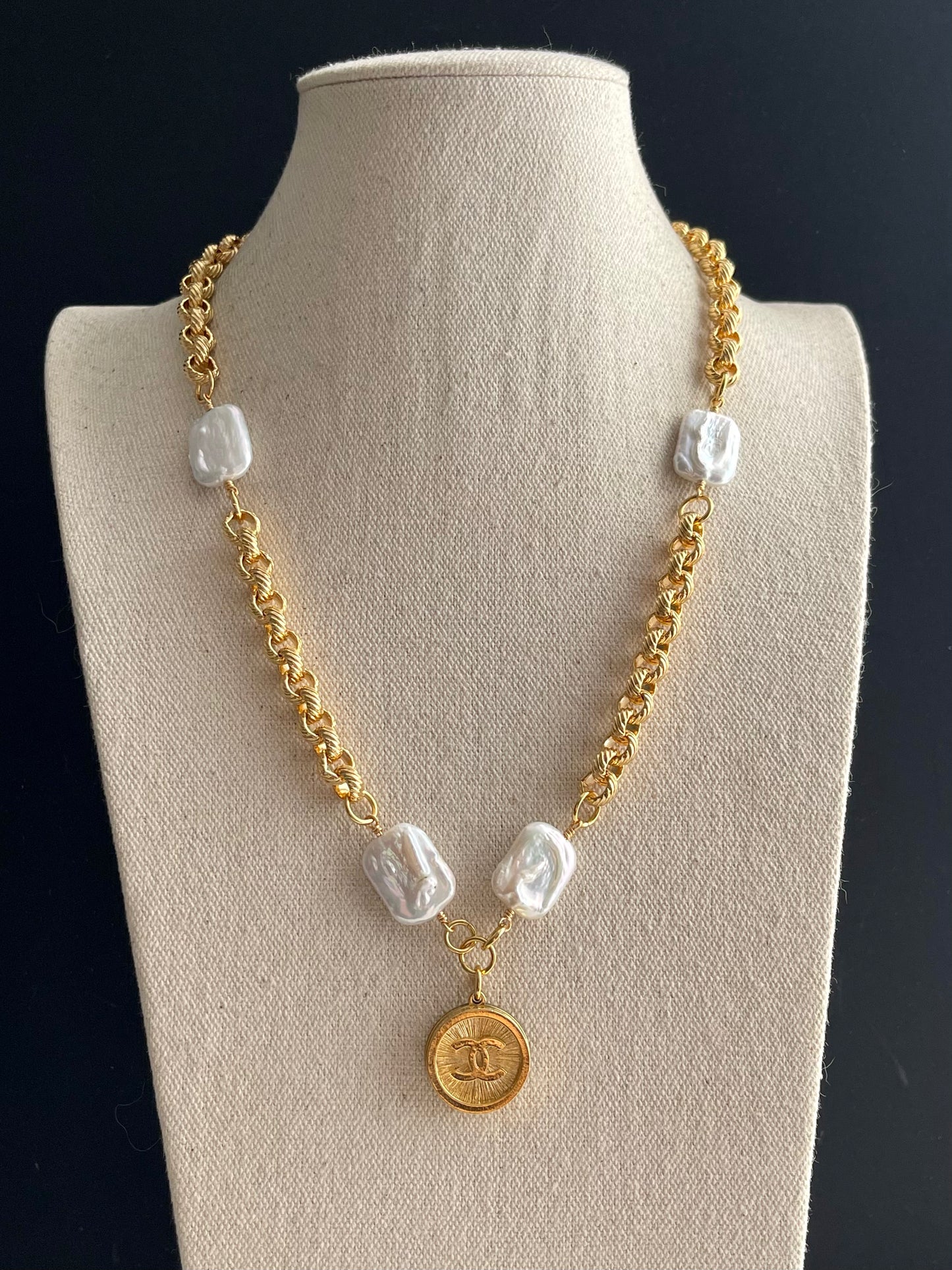 One of a kind square pearls and Authentic Reworked button necklace