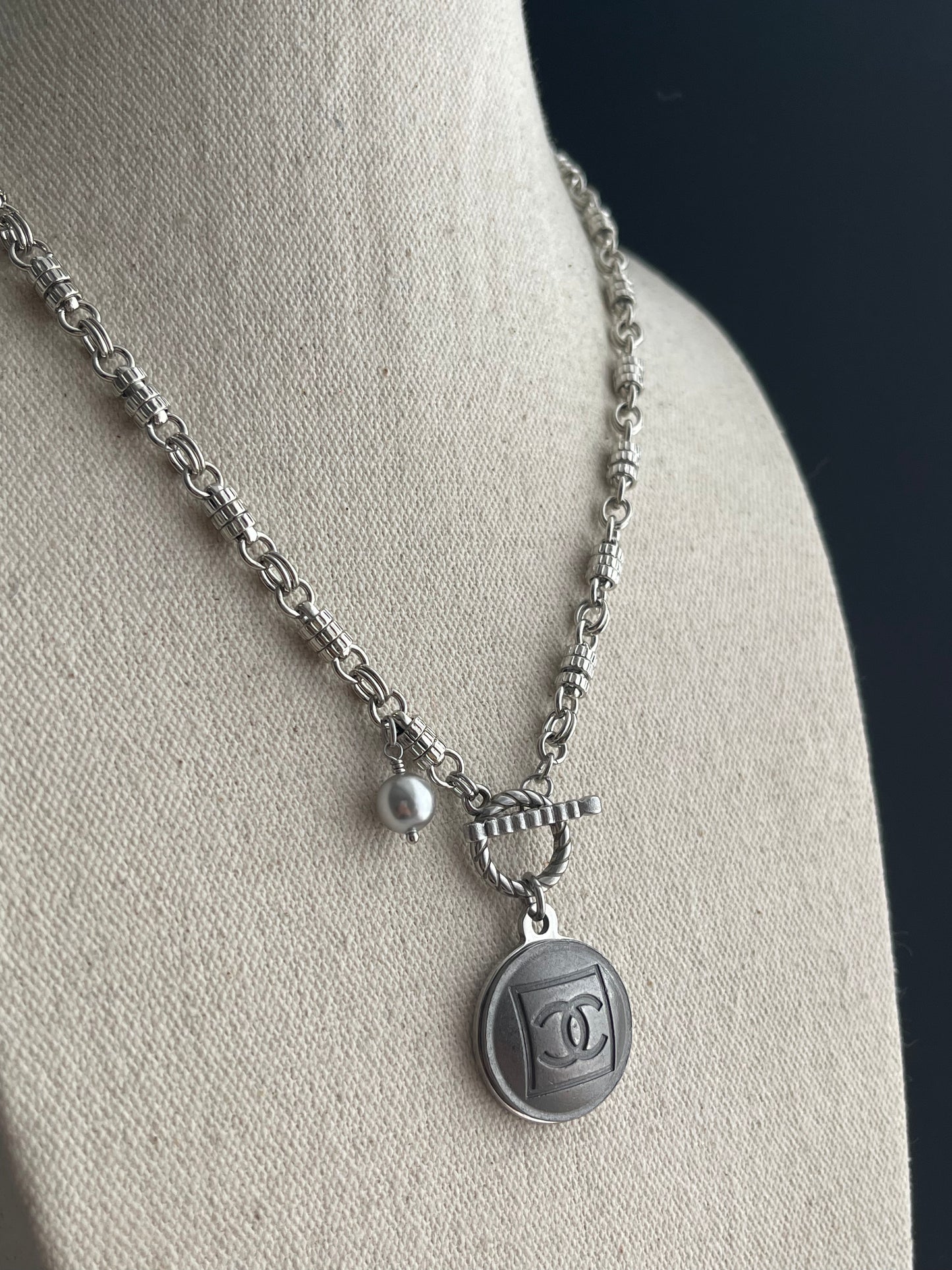 Edgy Gunmetal Vintage Reworked Authentic silver button necklace