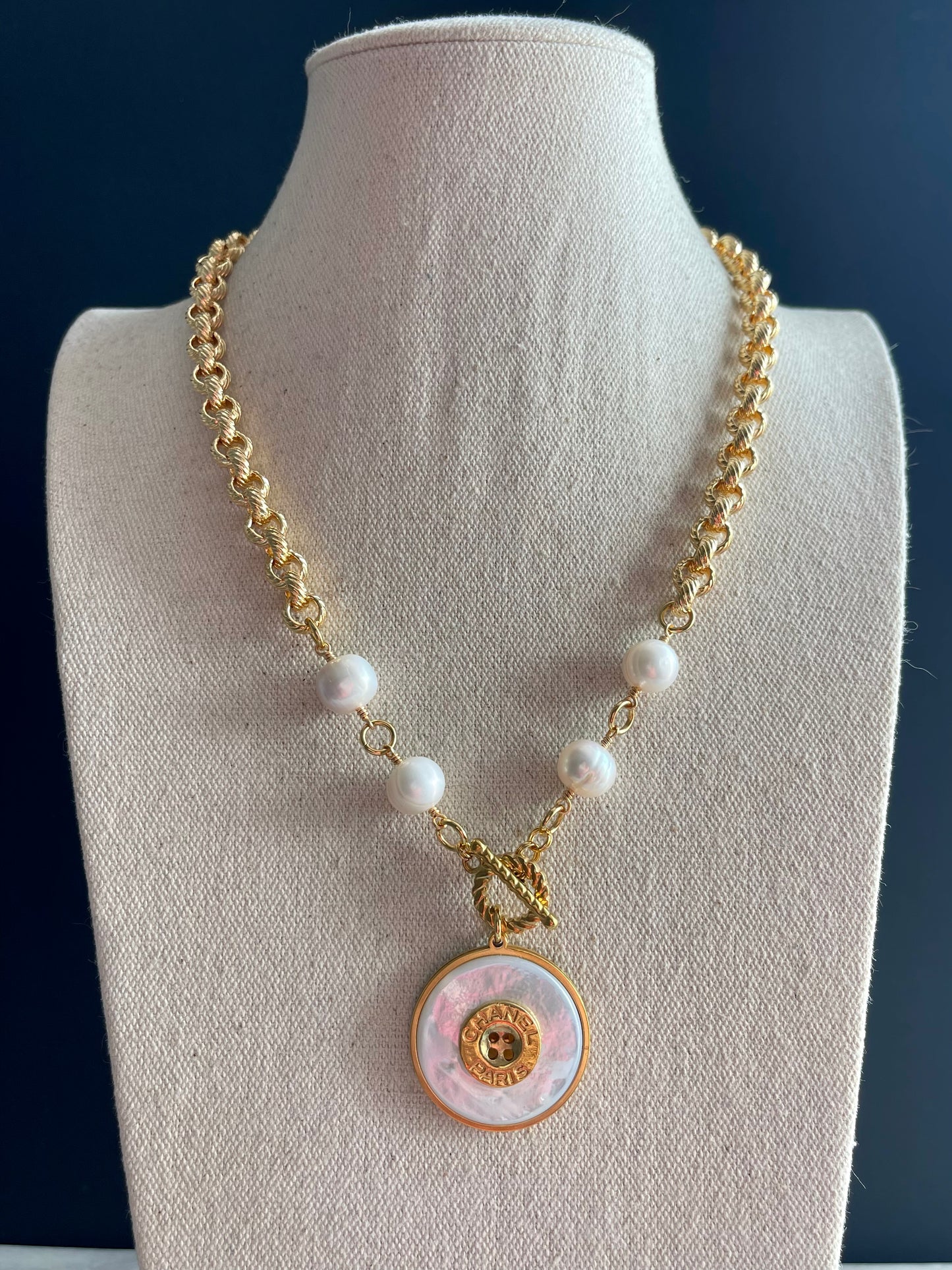 Unique MOTHER OF PEARL One of a kind square pearls and Authentic Reworked button necklace