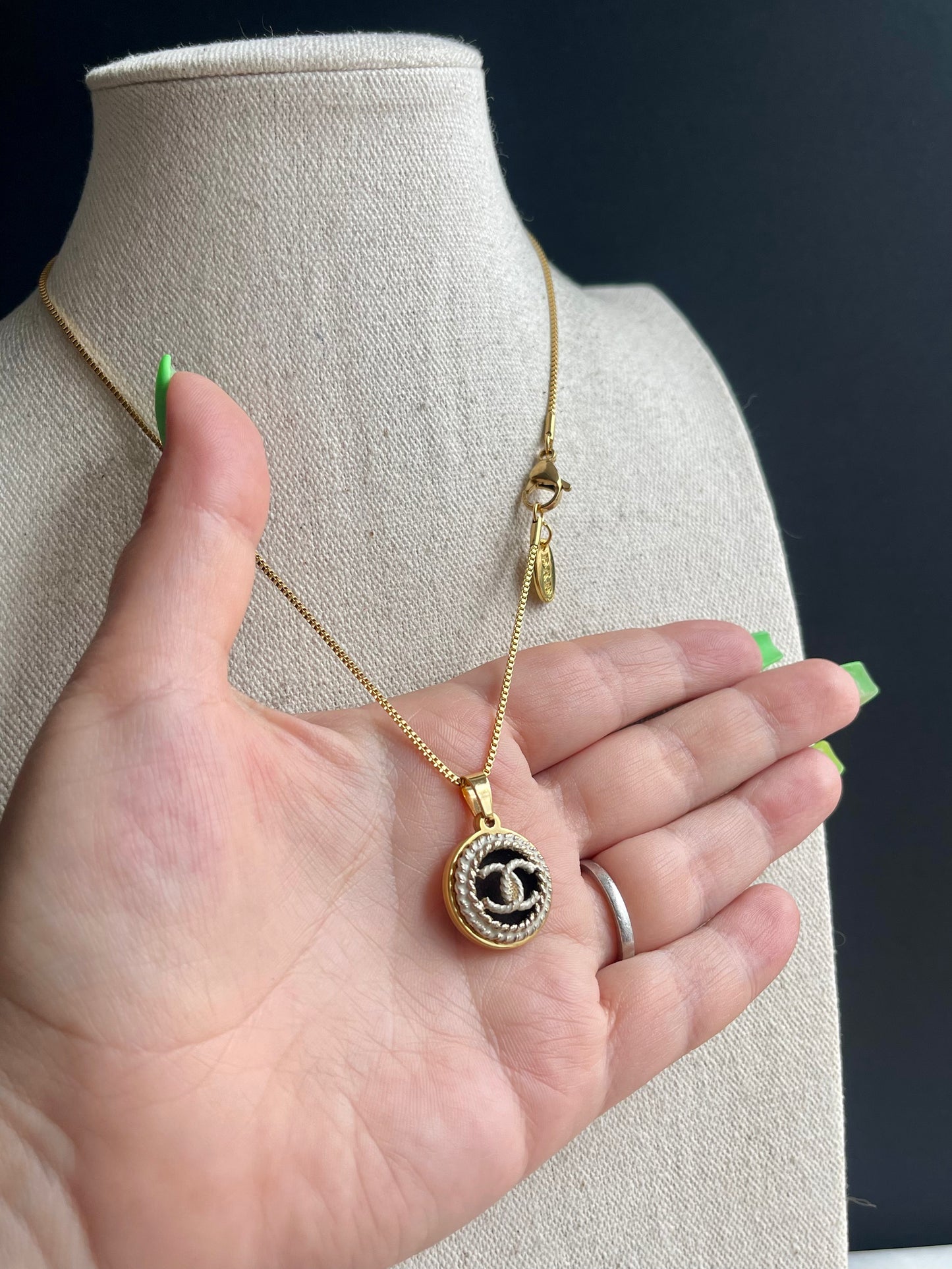 Small Reworked Authentic gold and white enamel button necklace