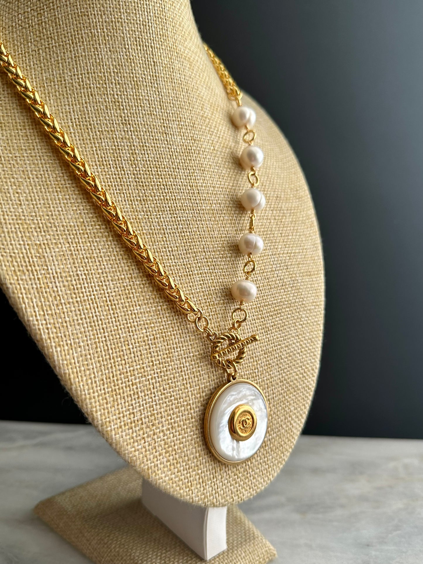 SUPER RARE Large MOTHER OF PEARL and Vintage Authentic reworked Gold button Necklace