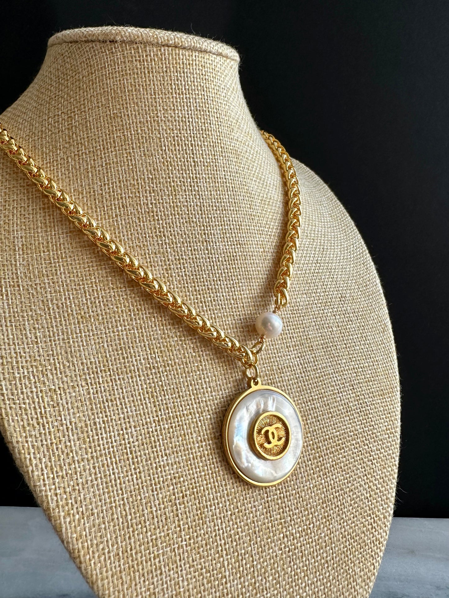 SUPER RARE Large MOTHER OF PEARL and Vintage Authentic reworked Gold button Necklace