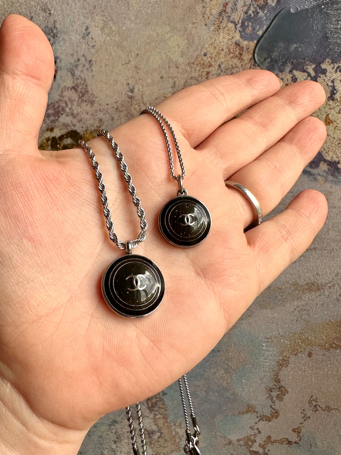 🖤 SHORT Authentic Reworked silver Button Necklace