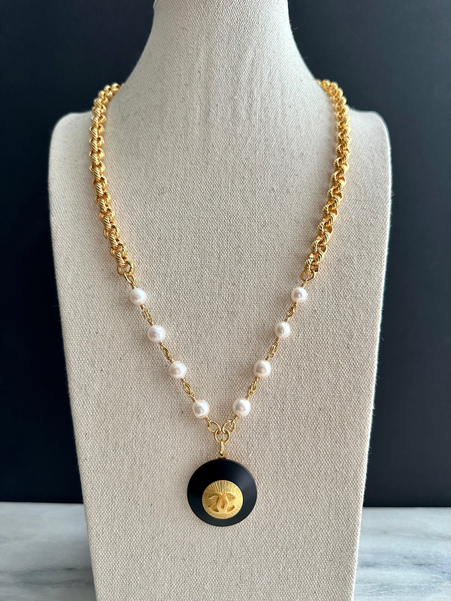 Huge One of a kind white pearls and Authentic Reworked button necklace