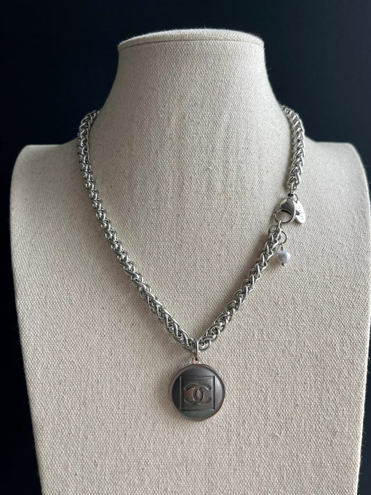 Edgy Gunmetal Vintage Reworked Authentic silver button necklace