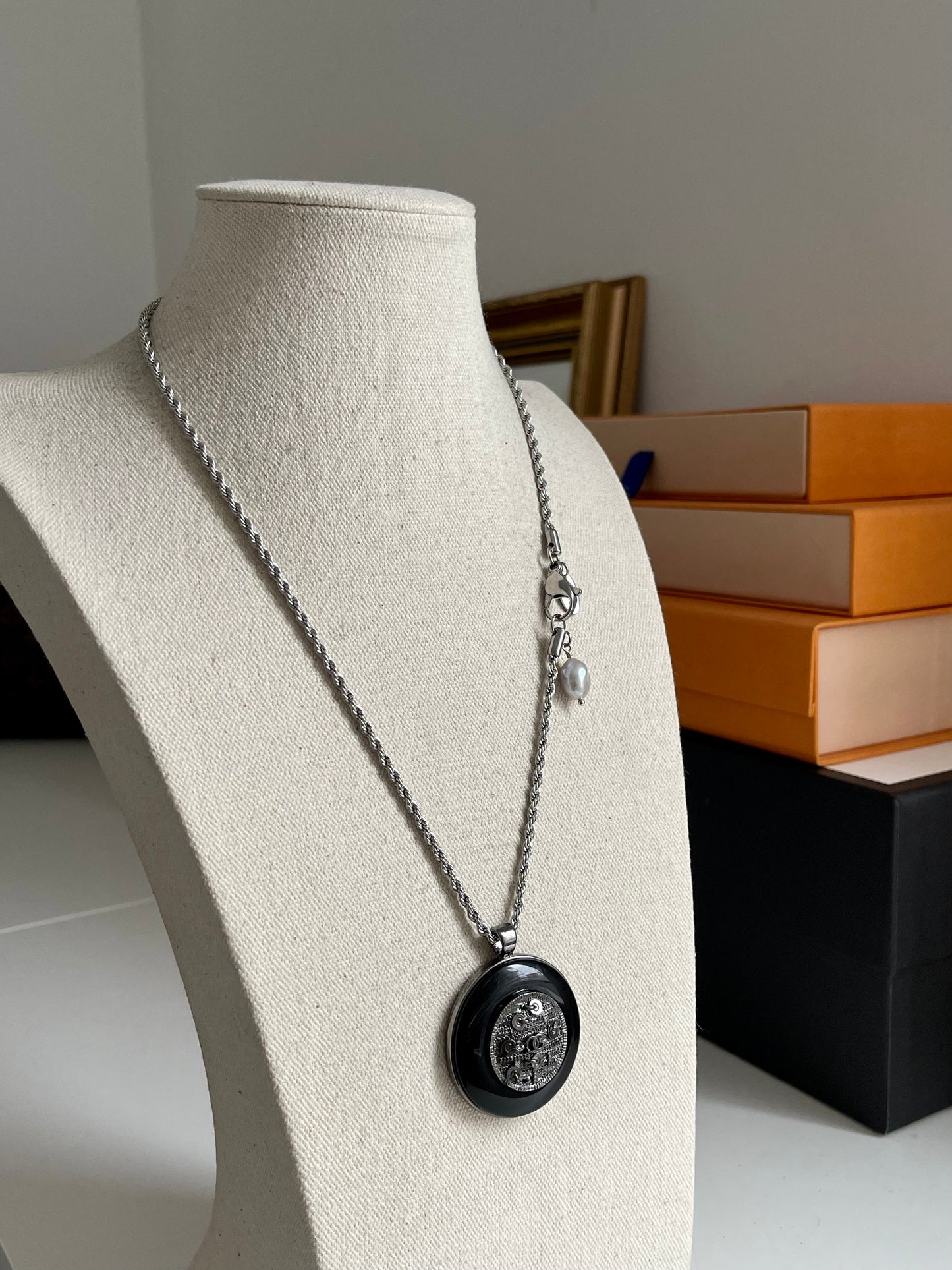 SAMPLE 🖤Edgy Gunmetal Vintage Reworked Authentic silver button necklace