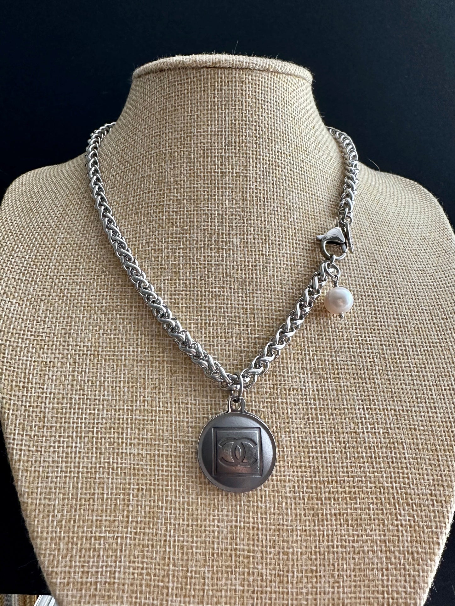 Edgy Gunmetal Vintage Reworked Authentic silver button necklace