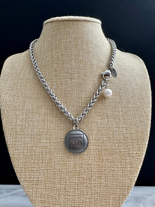 Edgy Gunmetal Vintage Reworked Authentic silver button necklace