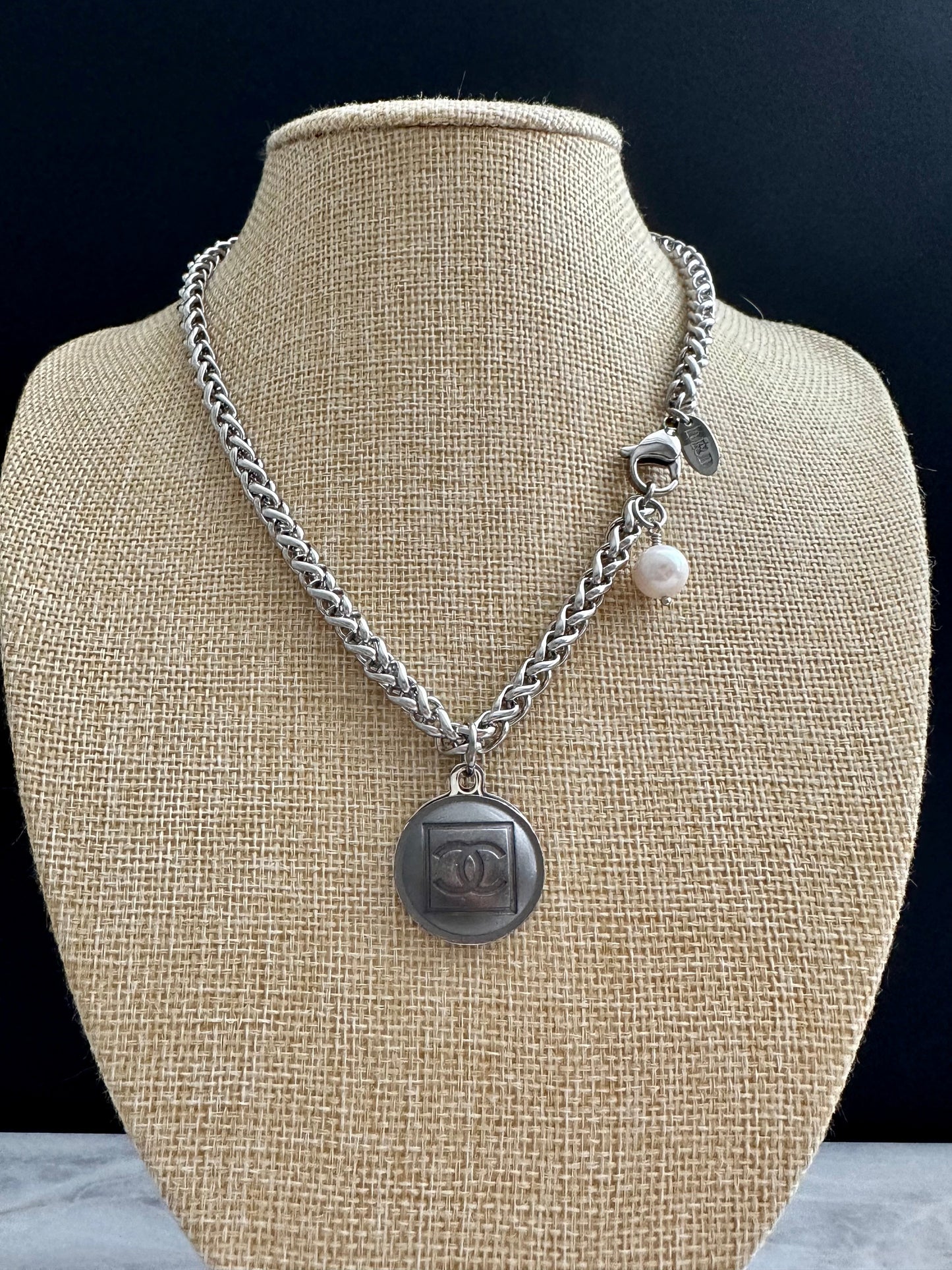 Edgy Gunmetal Vintage Reworked Authentic silver button necklace