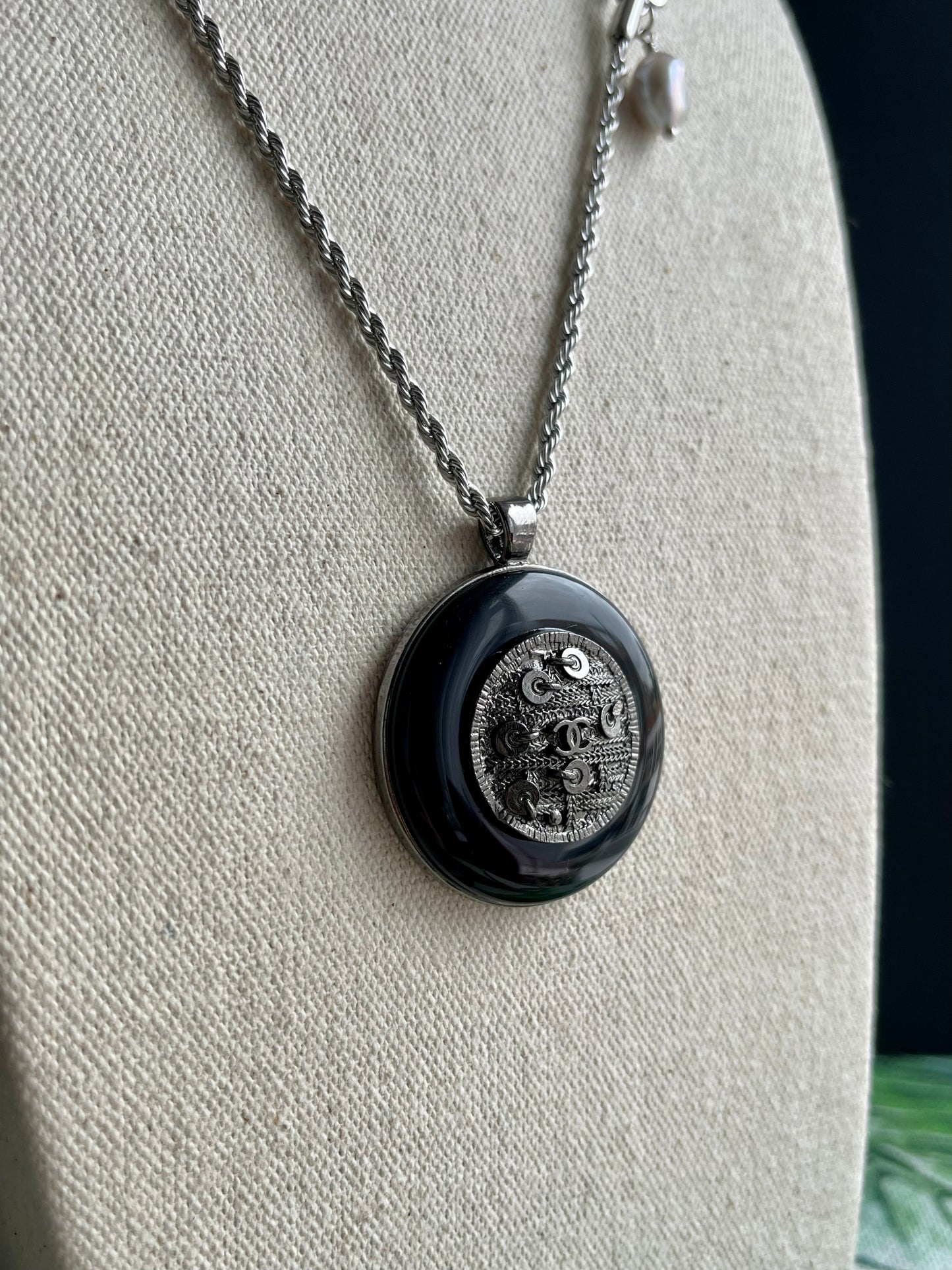 SAMPLE 🖤Edgy Gunmetal Vintage Reworked Authentic silver button necklace