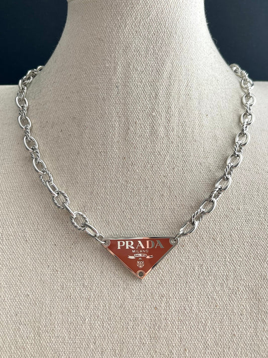 Authentic Large silver PRADA charm Necklace in Burnt Orange