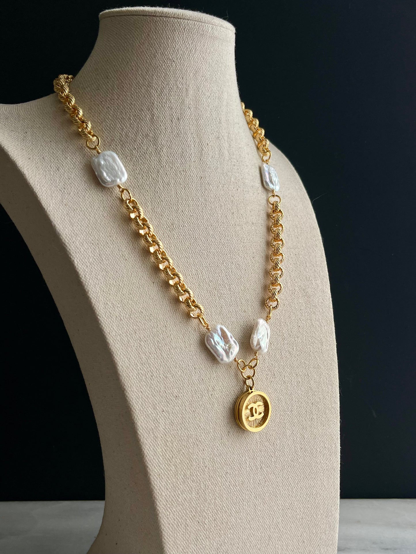 One of a kind square pearls and Authentic Reworked button necklace