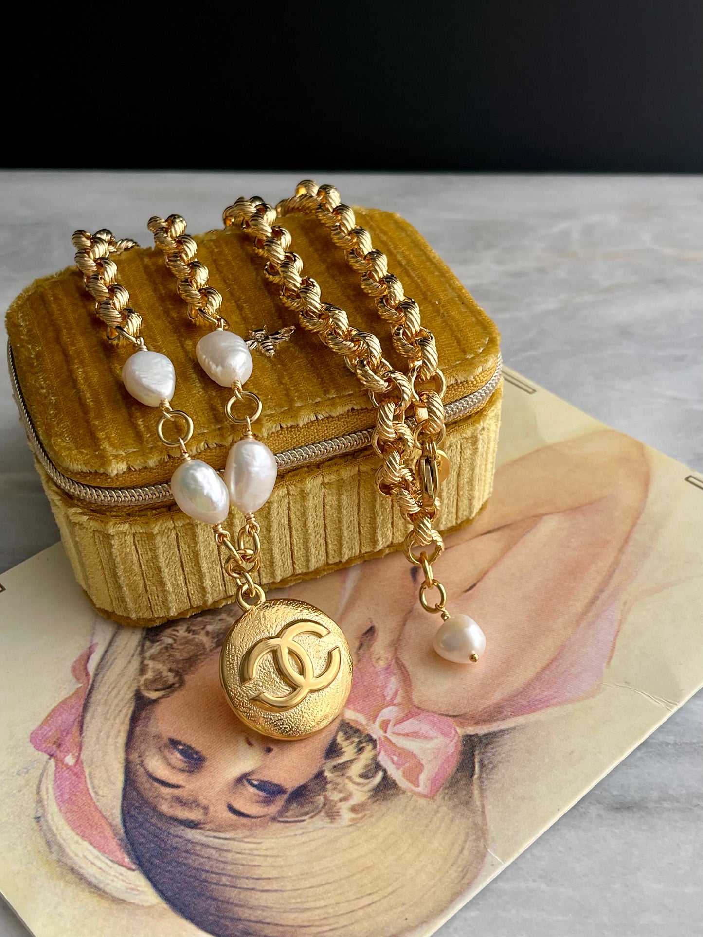 Vintage Pearl Large Authentic reworked Gold keyring charm Necklace