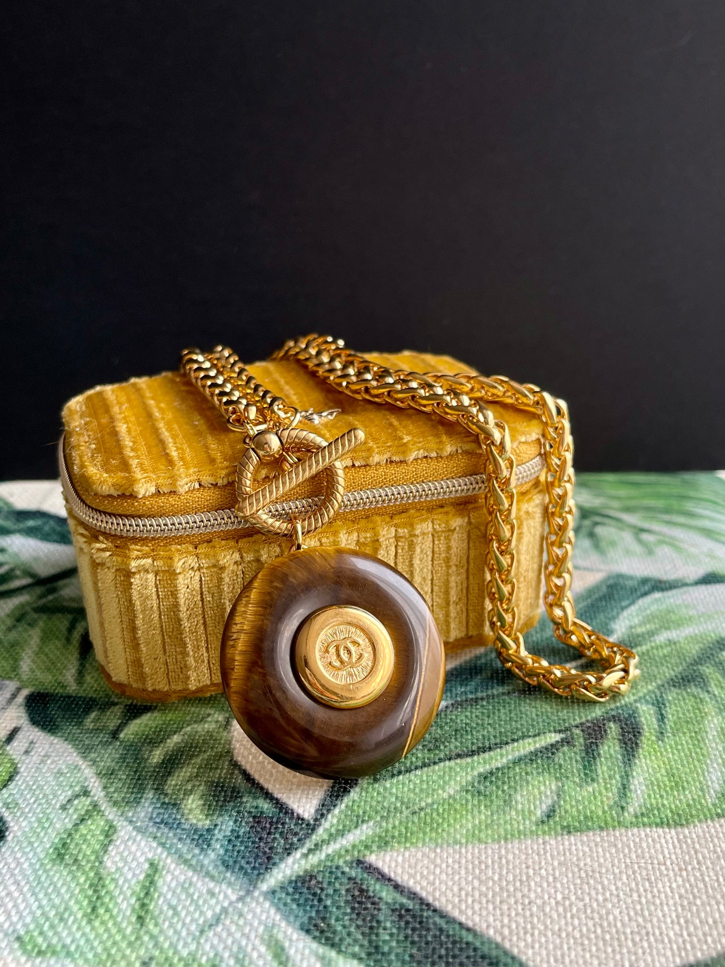 Vintage reworked button and tiger eye stone necklace