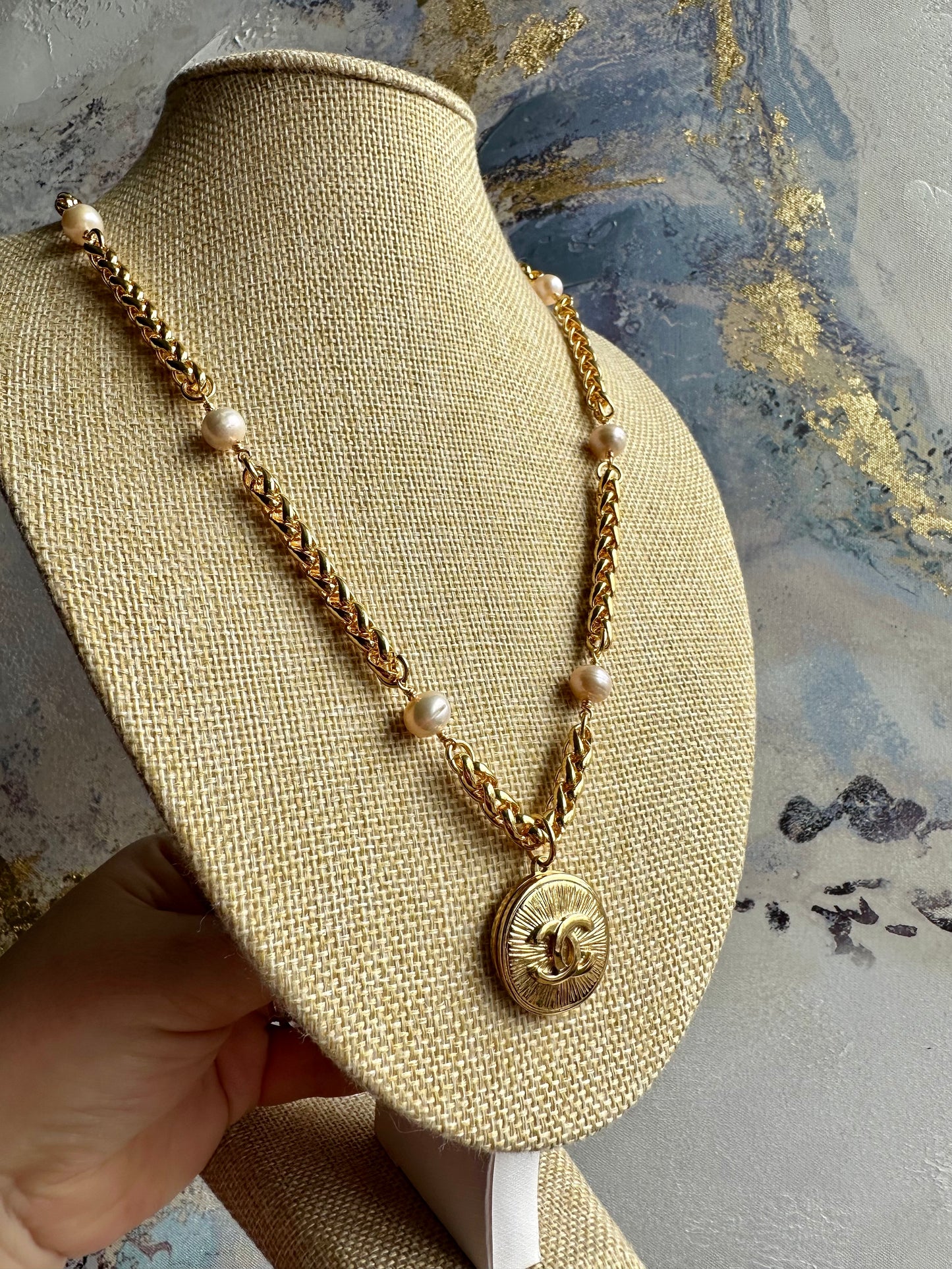 Huge One of a kind pearl and Authentic Reworked button necklace