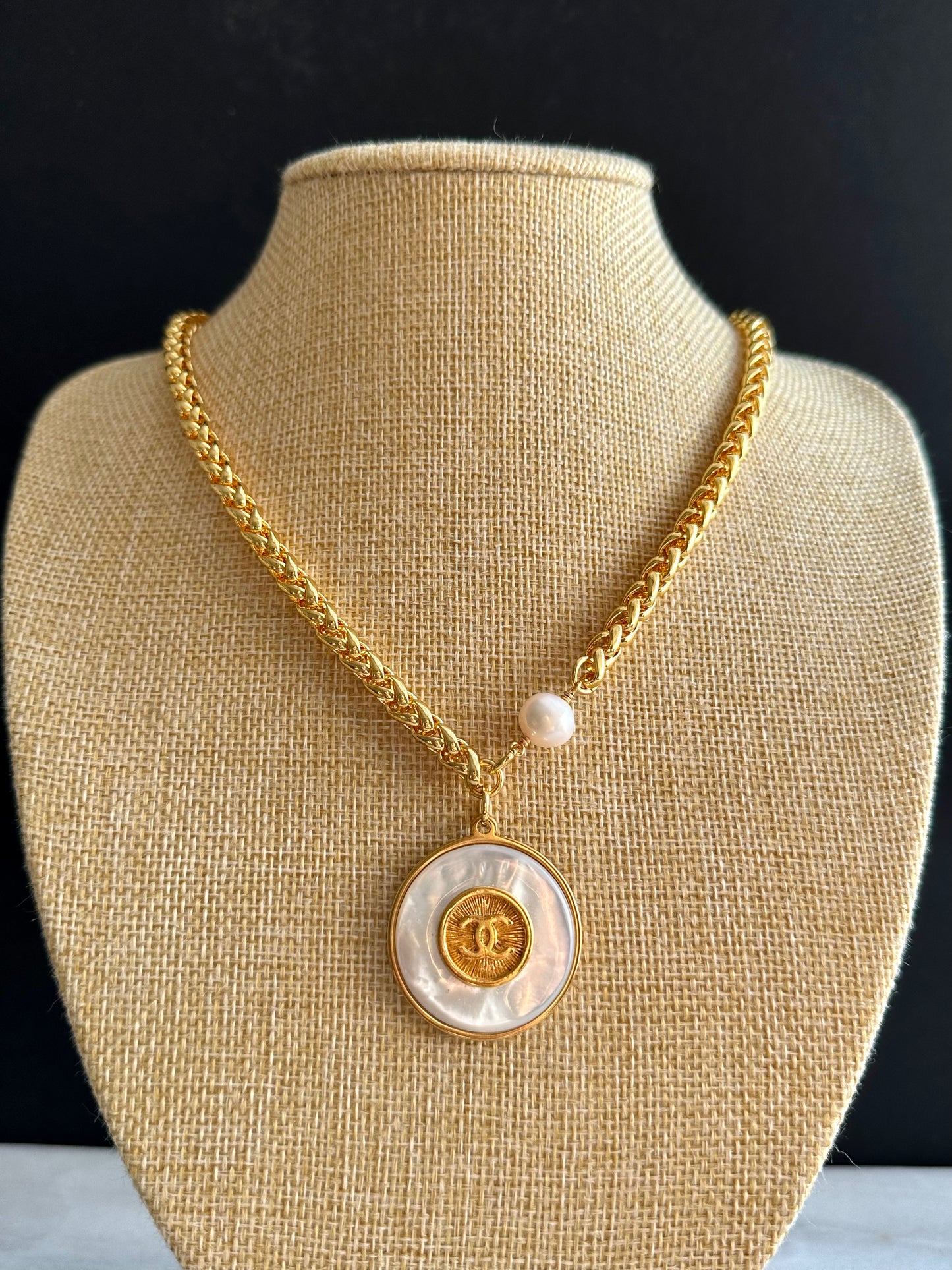 SUPER RARE Large MOTHER OF PEARL and Vintage Authentic reworked Gold button Necklace