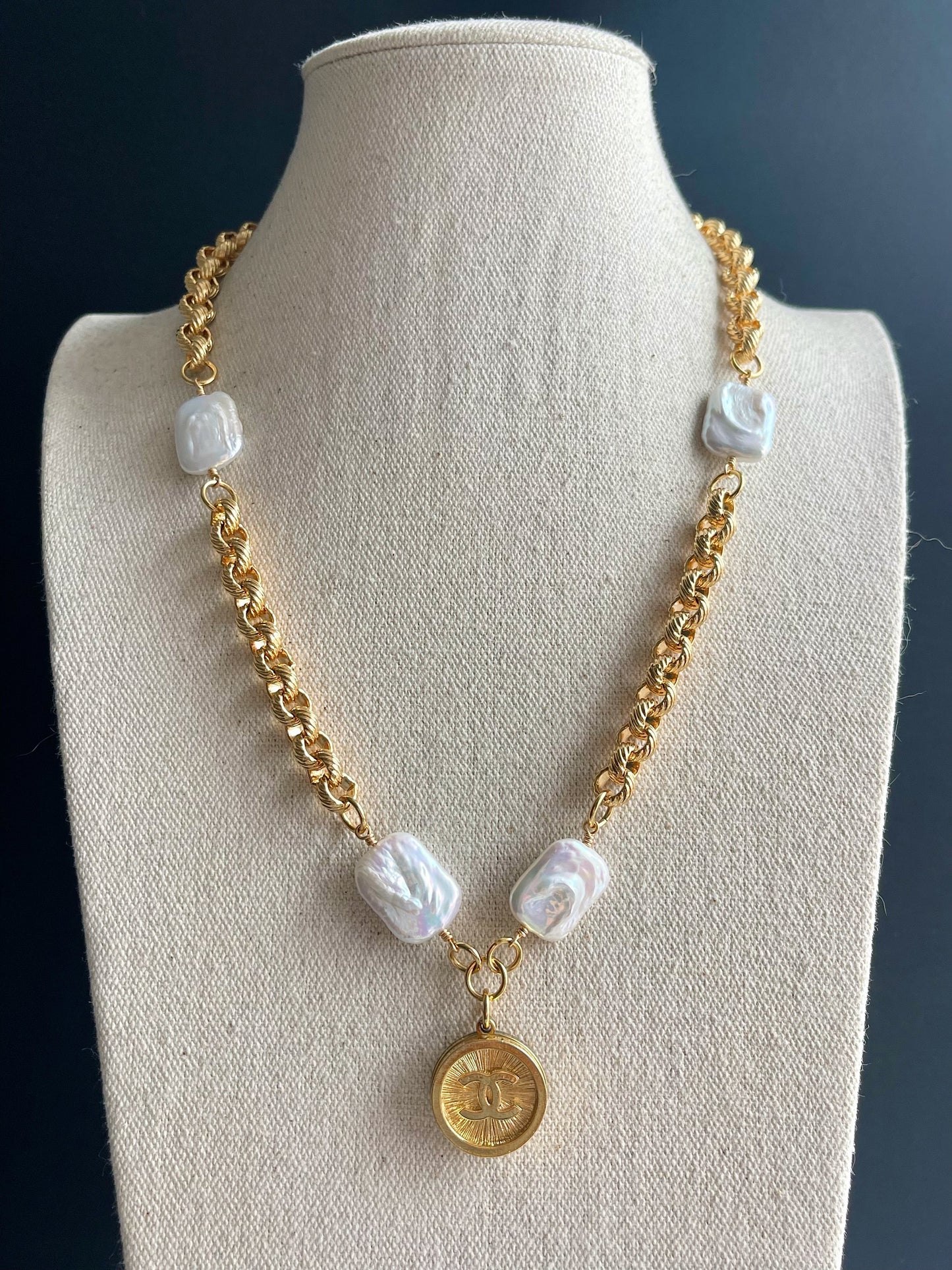 One of a kind square pearls and Authentic Reworked button necklace