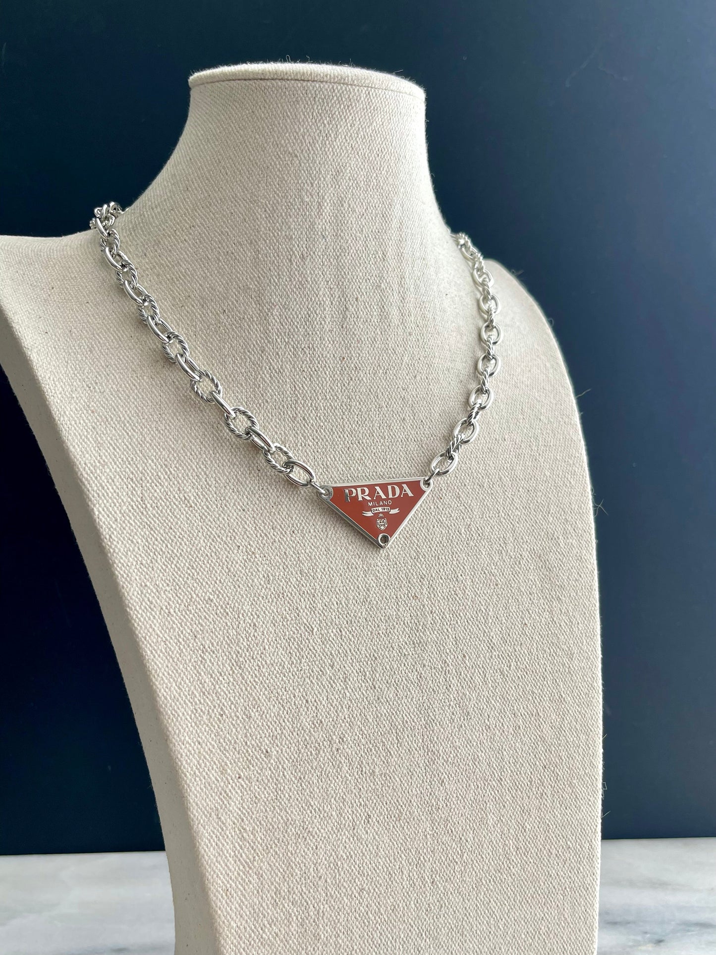 Authentic Large silver PRADA charm Necklace in Burnt Orange