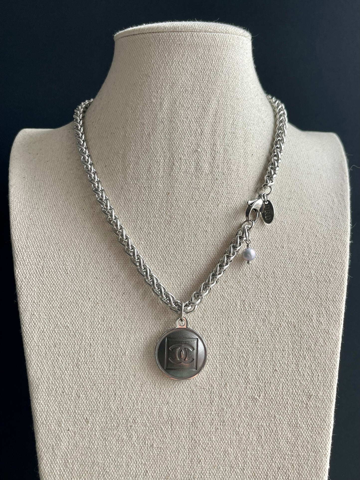 Num 1 Edgy Gunmetal Vintage Reworked Authentic silver button necklace