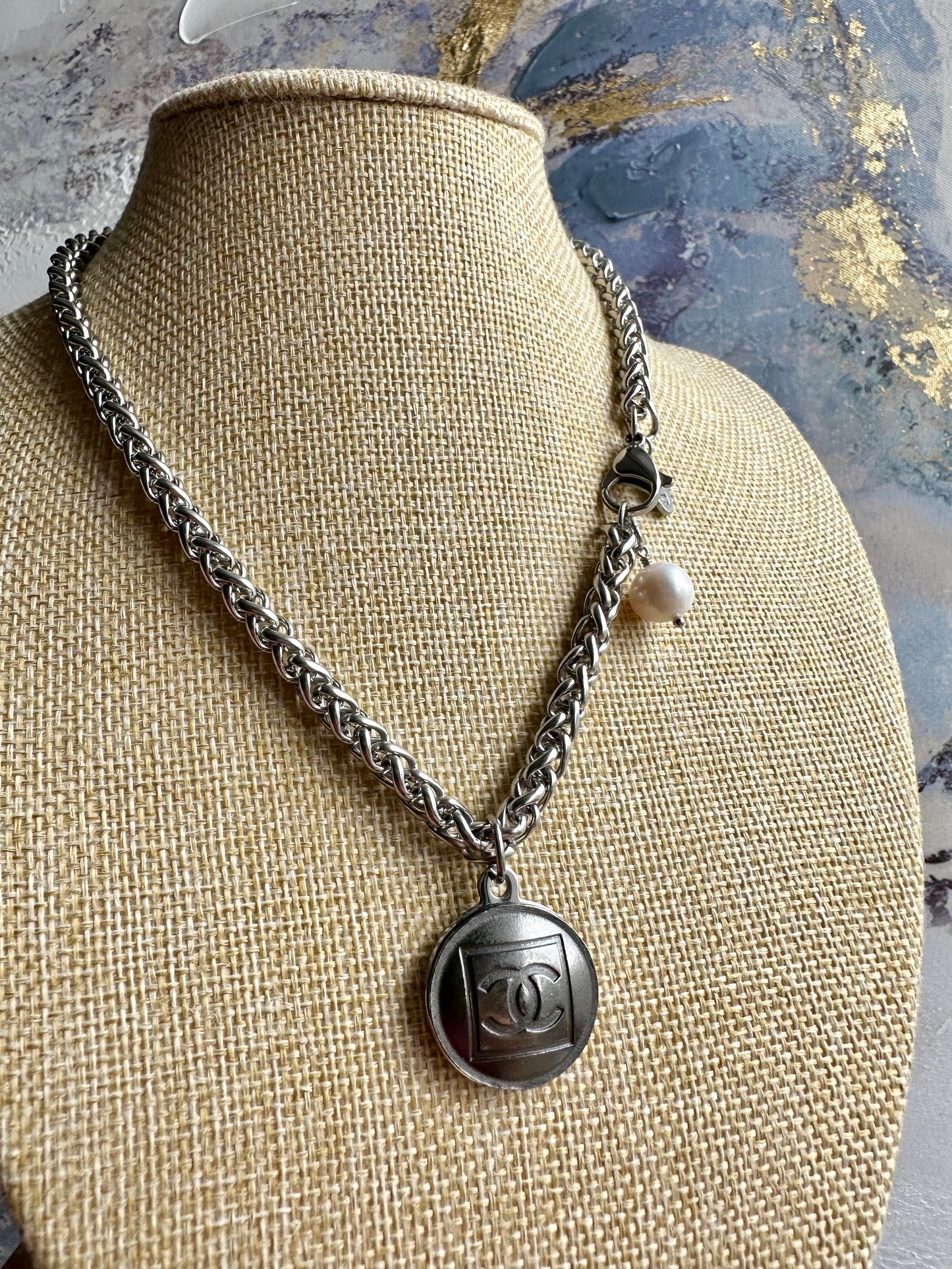 Edgy Gunmetal Vintage Reworked Authentic silver button necklace