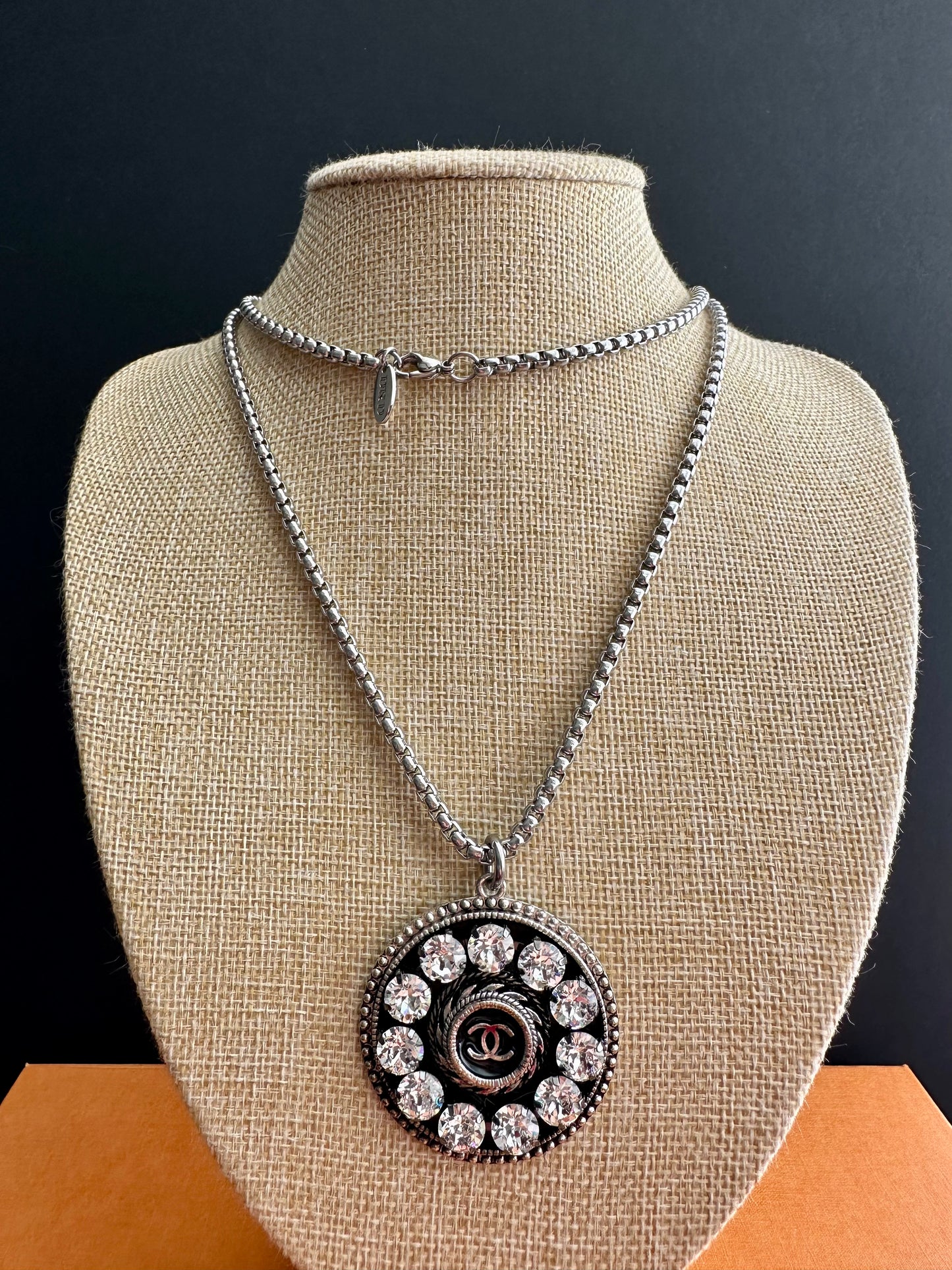 Huge One of a kind silver crystal Authentic Reworked button necklace