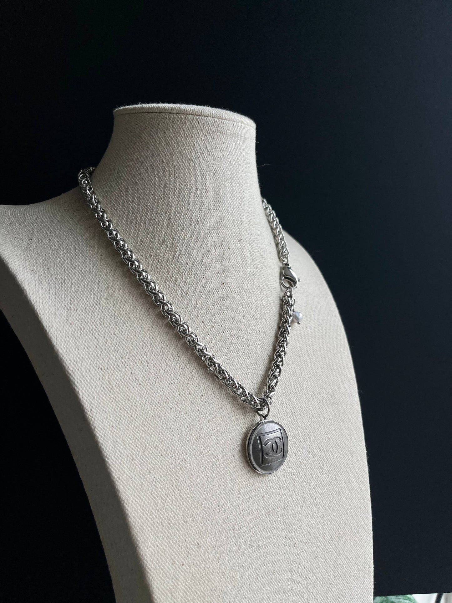 Edgy Gunmetal Vintage Reworked Authentic silver button necklace