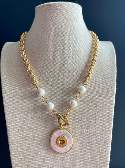 Unique MOTHER OF PEARL One of a kind square pearls and Authentic Reworked button necklace