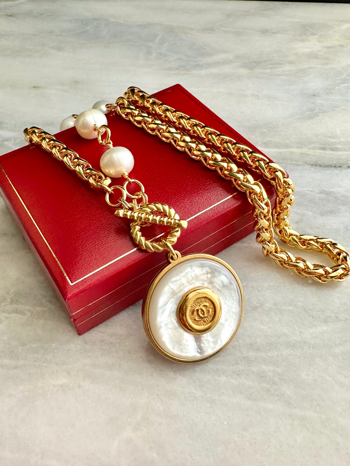 SUPER RARE Large MOTHER OF PEARL and Vintage Authentic reworked Gold button Necklace