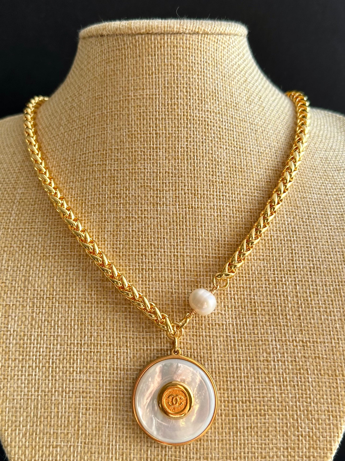 SUPER RARE Large MOTHER OF PEARL and Vintage Authentic reworked Gold button Necklace