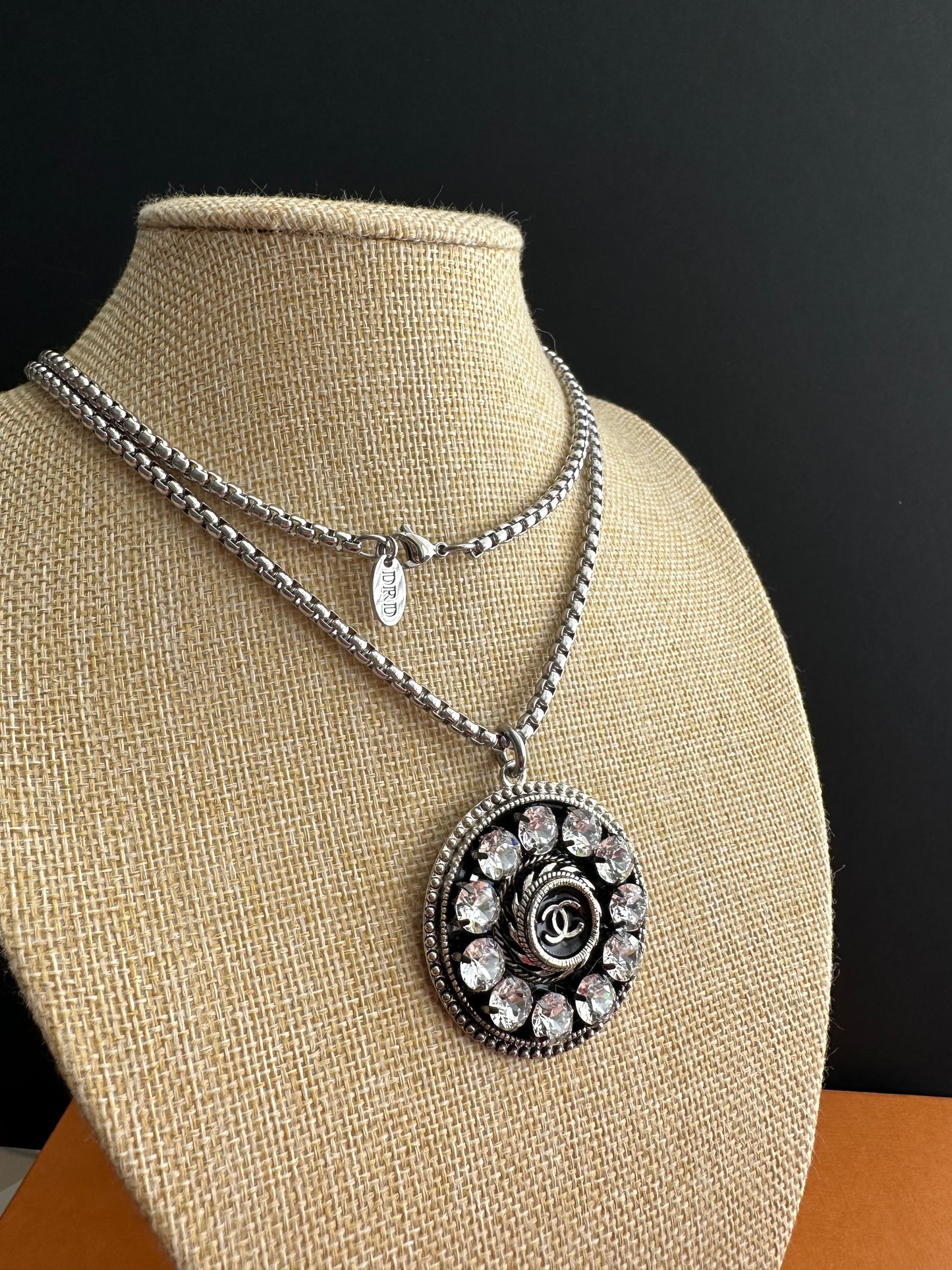 Huge One of a kind silver crystal Authentic Reworked button necklace