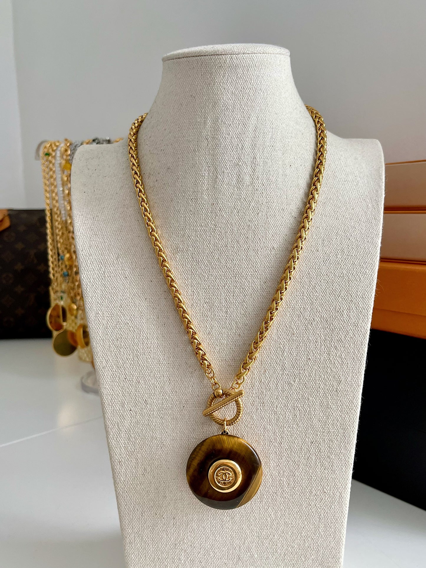 Vintage reworked button and tiger eye stone necklace