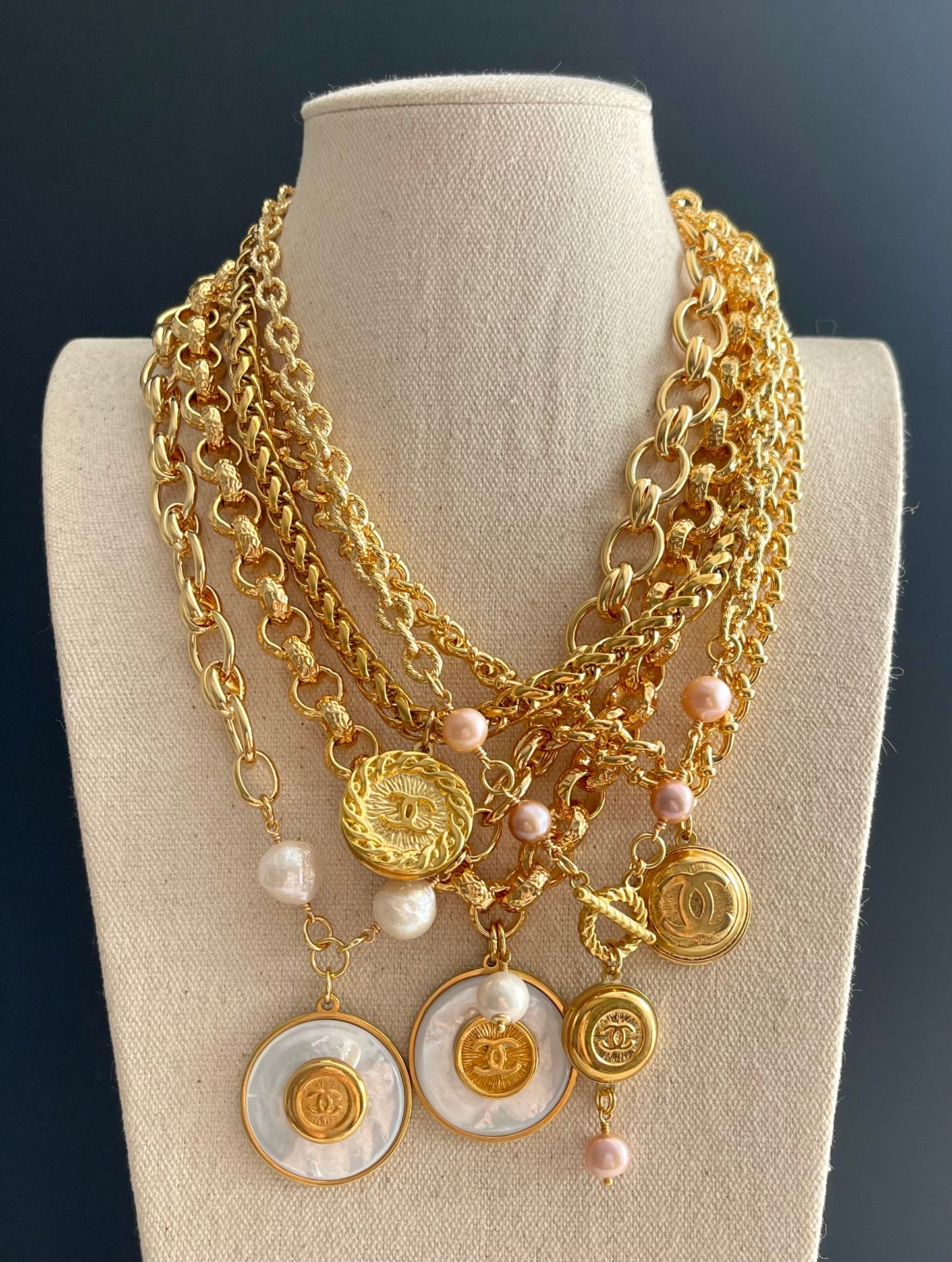 Vintage Authentic Large reworked Gold button Necklace