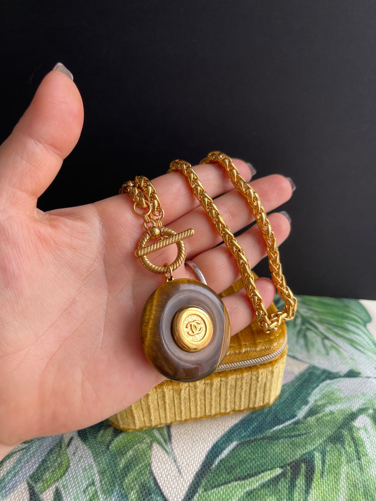 Vintage reworked button and tiger eye stone necklace