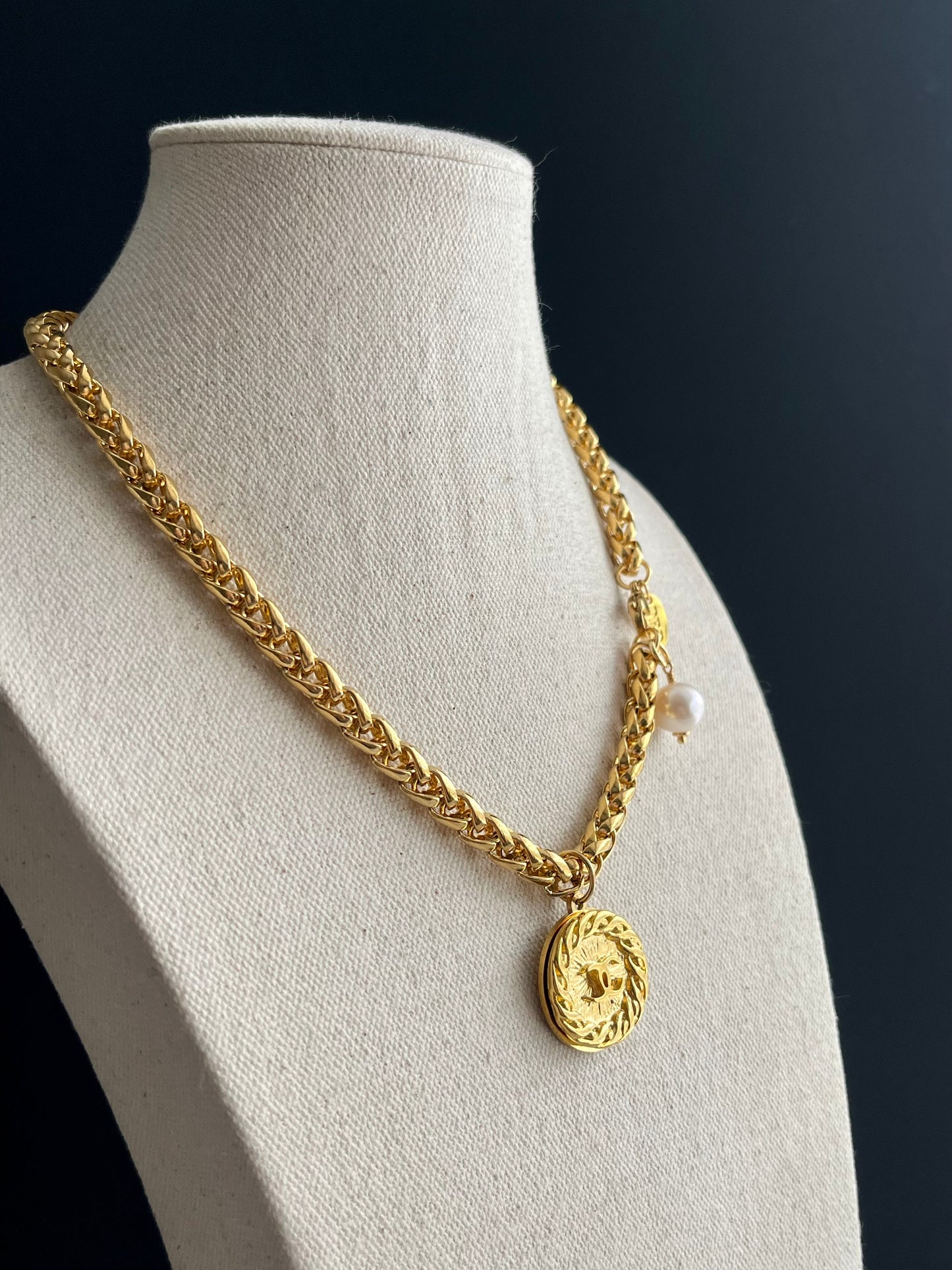 Vintage Authentic Large reworked Gold button Necklace