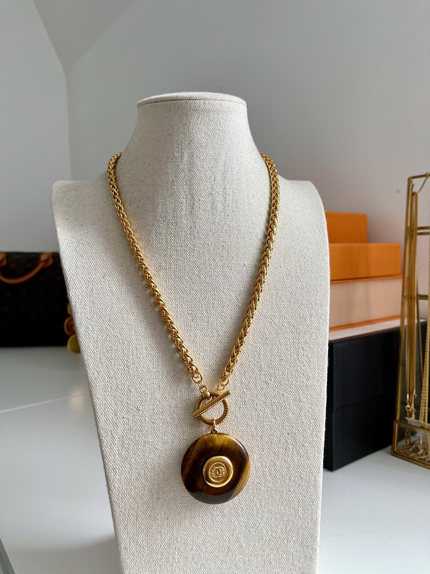 Vintage reworked button and tiger eye stone necklace