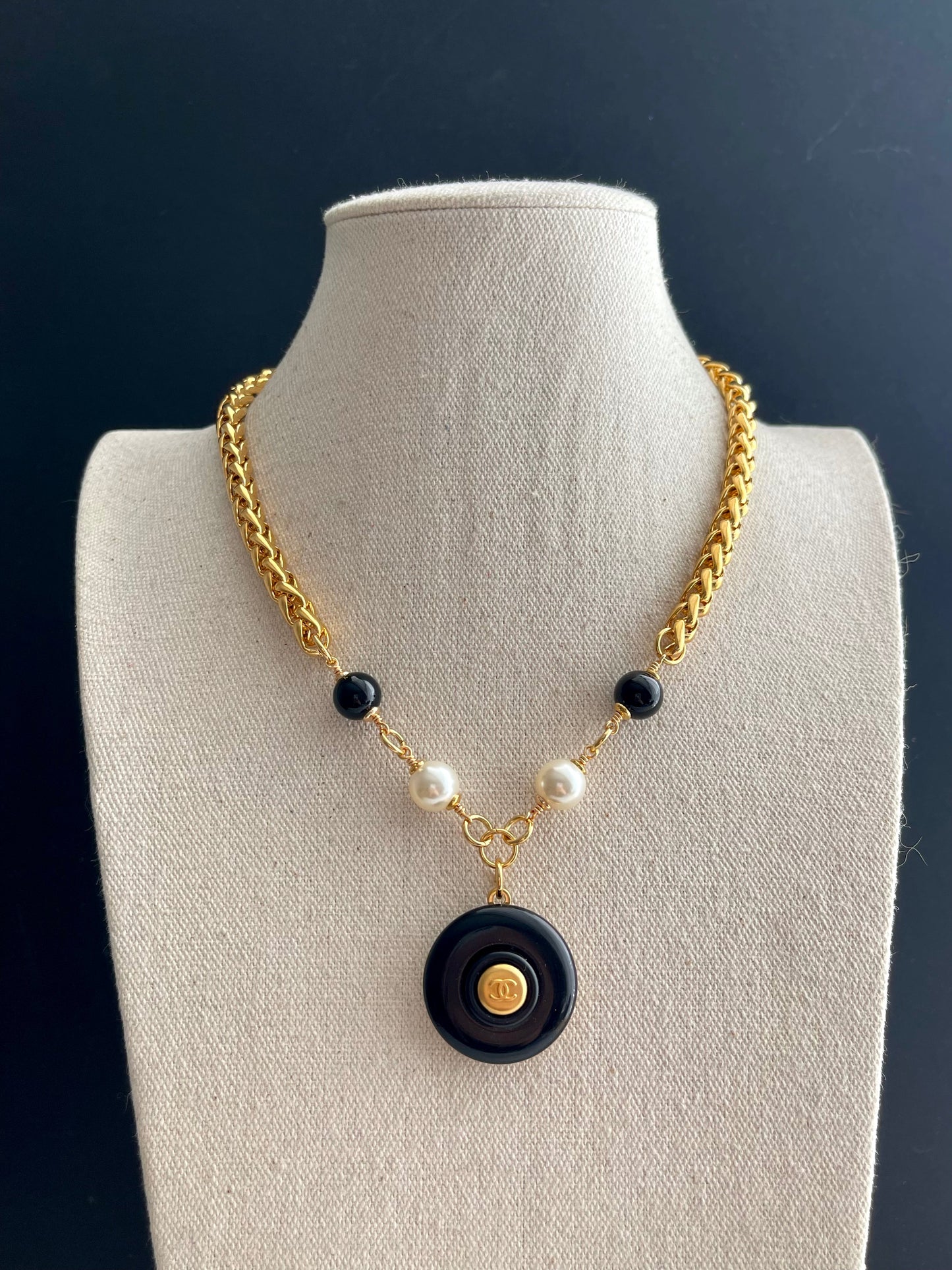 Large Black pendant Vintage Authentic reworked Gold button Necklace