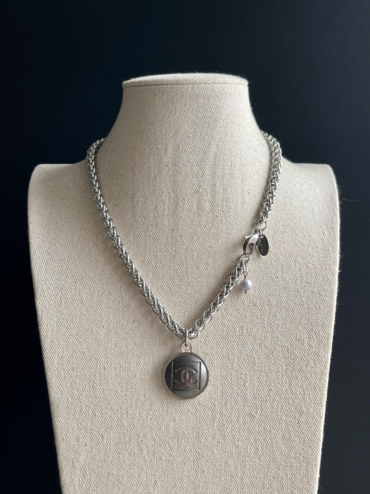 Num 1 Edgy Gunmetal Vintage Reworked Authentic silver button necklace