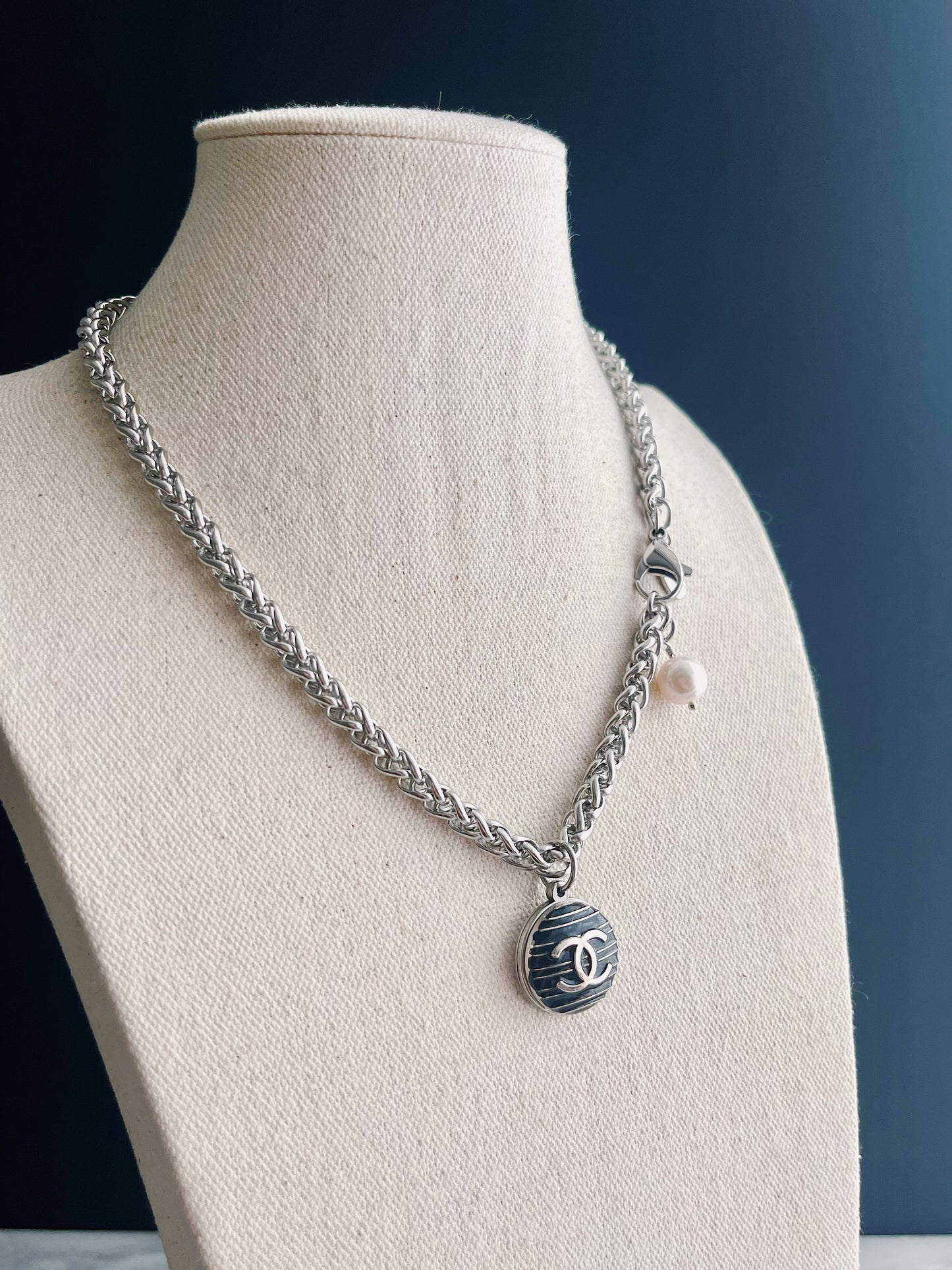 Reworked Authentic silver and black enamel button necklace