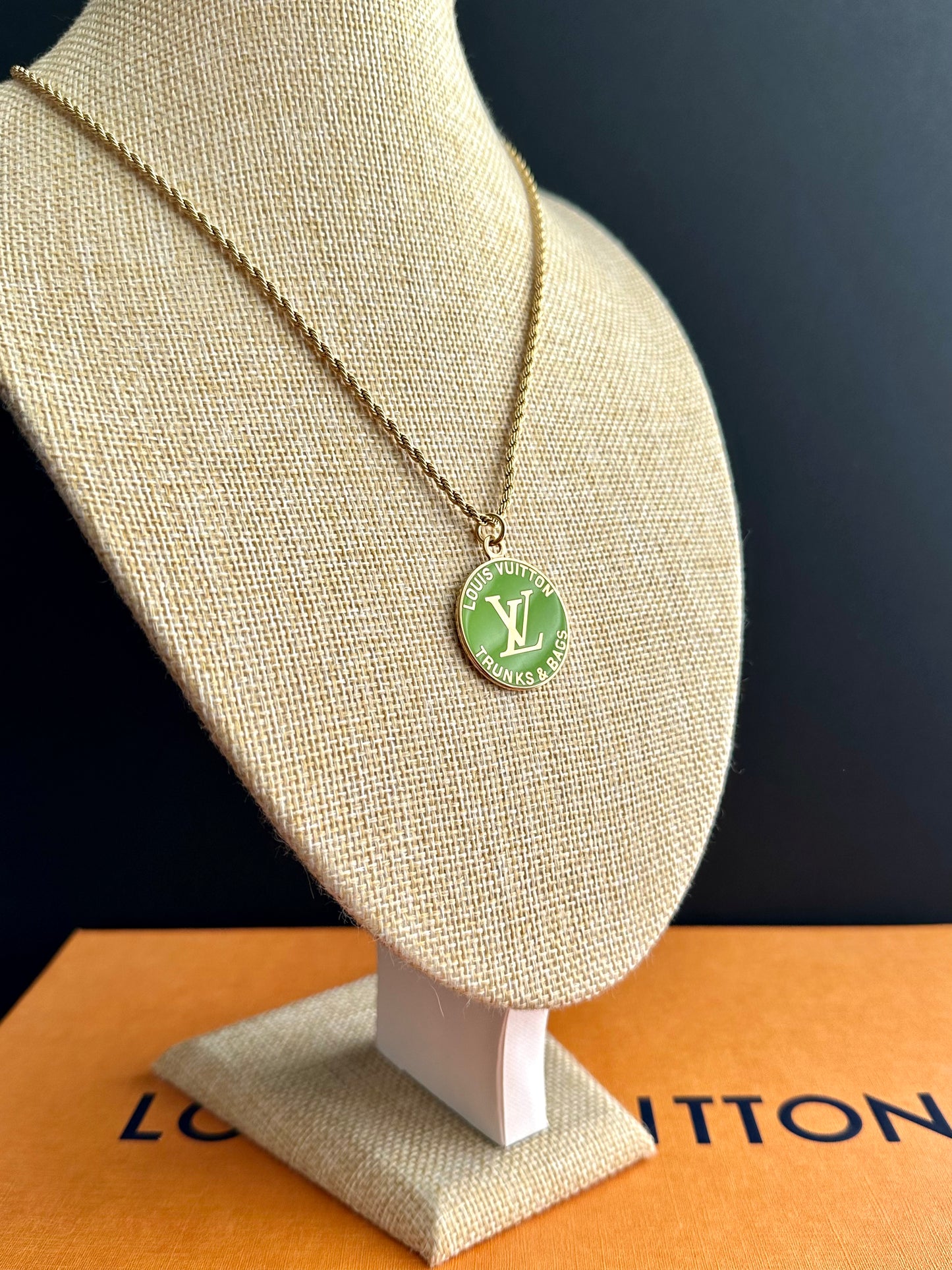 💚 Bright green Louis Vuitton TRUNK Authentic gold reworked Louis Vuitton Necklace - VERY rare!