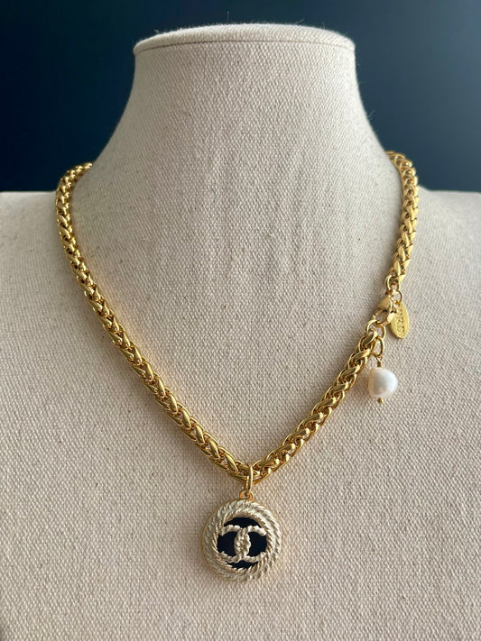 Large Reworked Authentic gold and white enamel button necklace