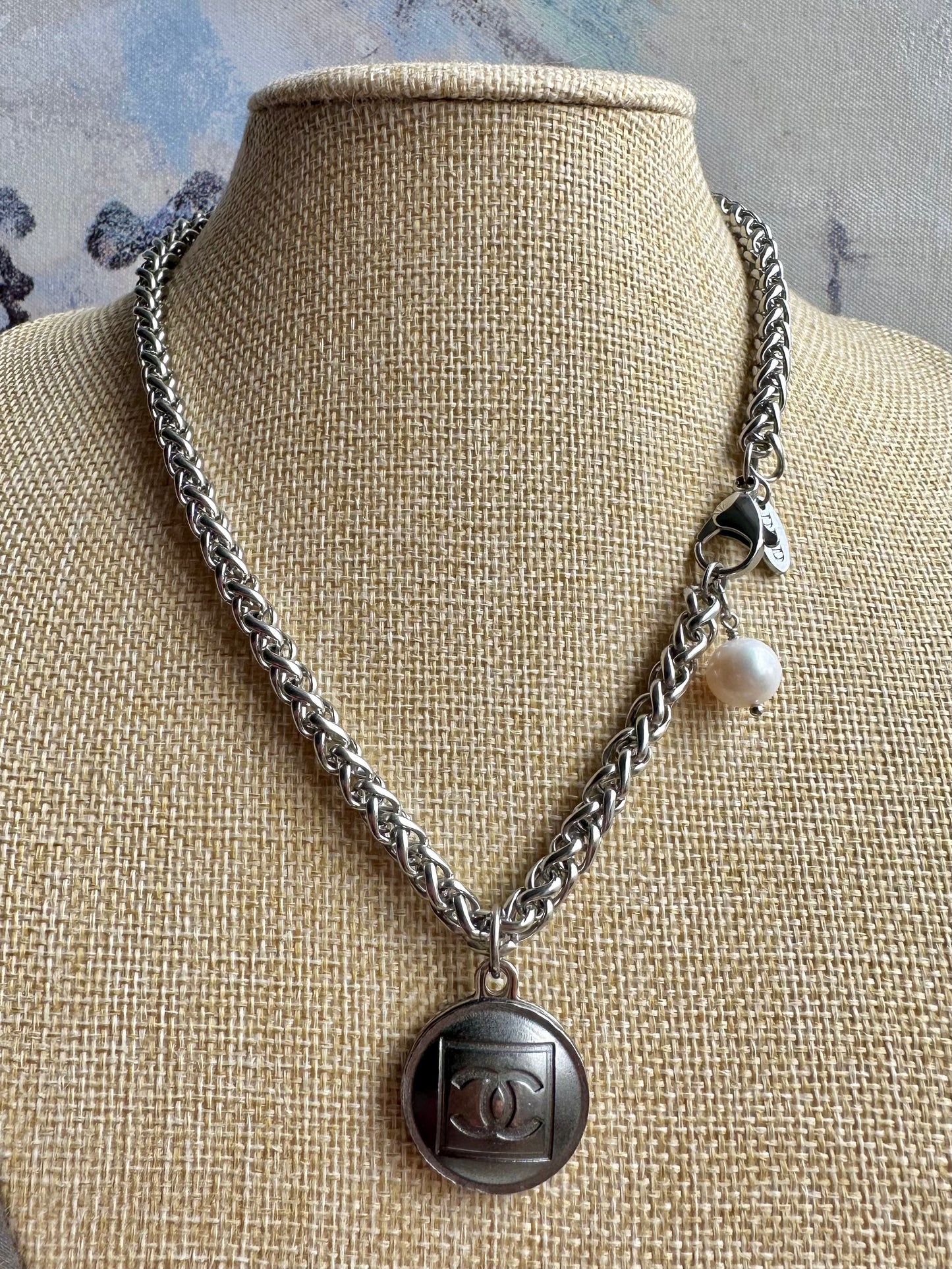 Edgy Gunmetal Vintage Reworked Authentic silver button necklace