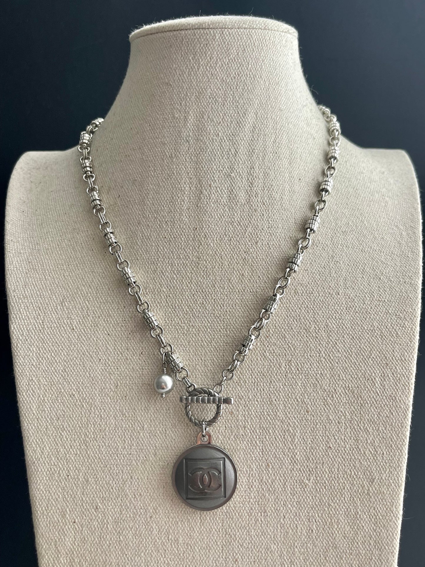 Edgy Gunmetal Vintage Reworked Authentic silver button necklace